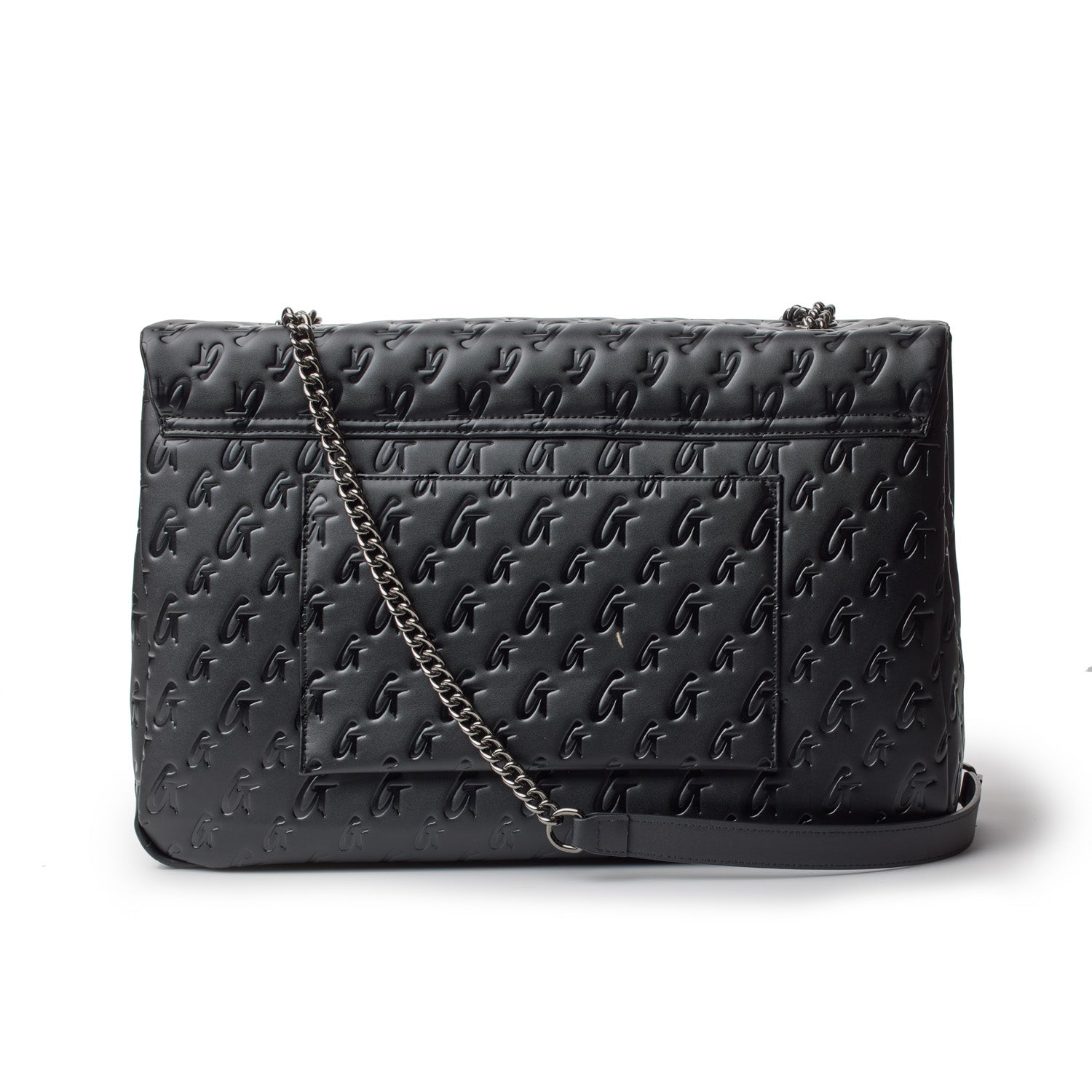 Black XL Monogram Flap Bag with embossed logo pattern, chain strap, and front pocket.