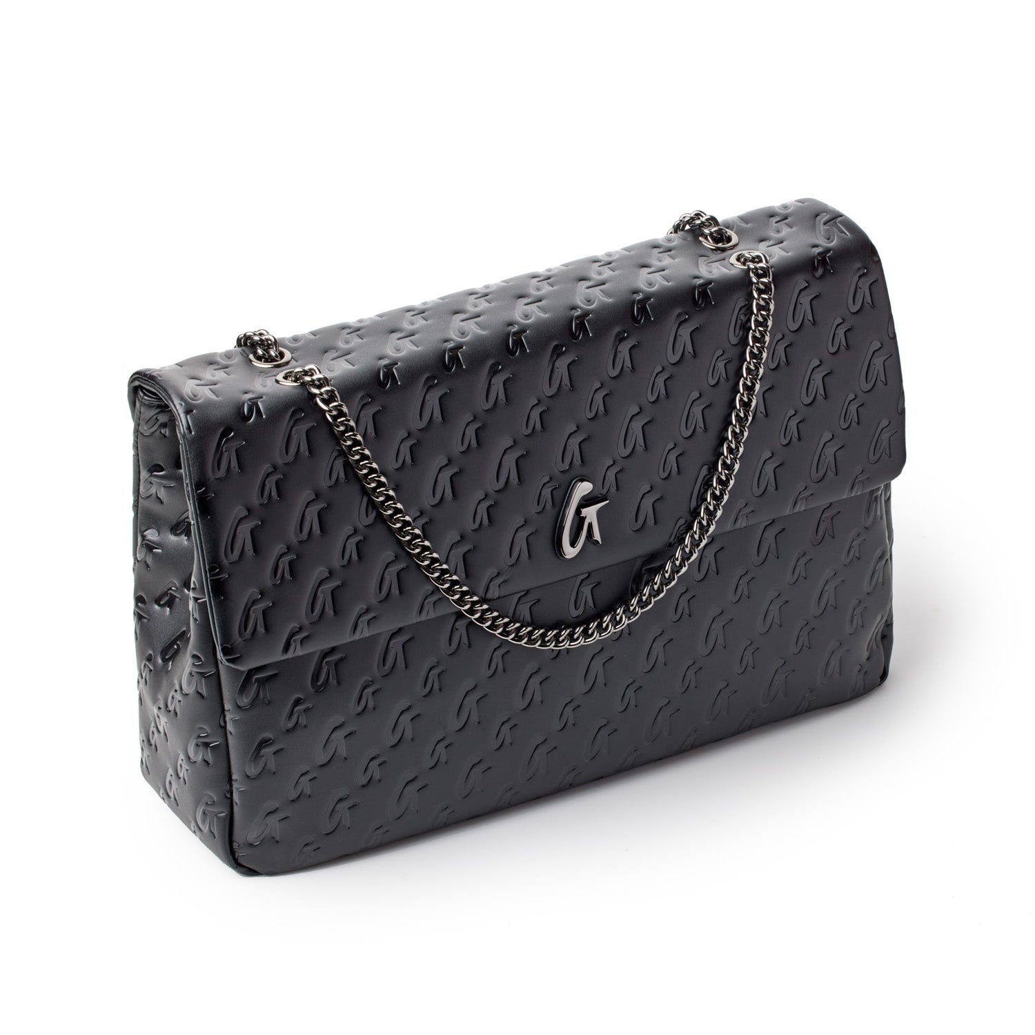 Black XL Monogram Flap Bag with embossed logo pattern, chain strap, and silver-tone hardware.