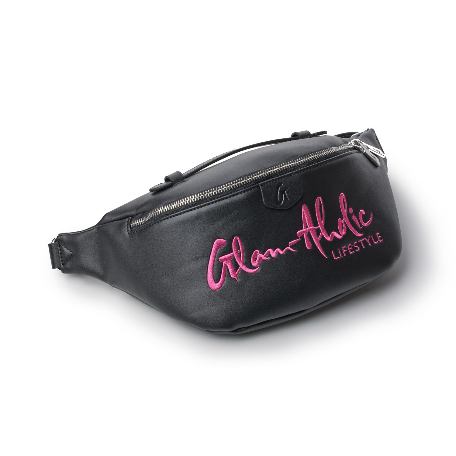 Black fanny pack with pink embroidered "Glam-Aholic LIFESTYLE" logo, featuring a zipper closure and adjustable strap.