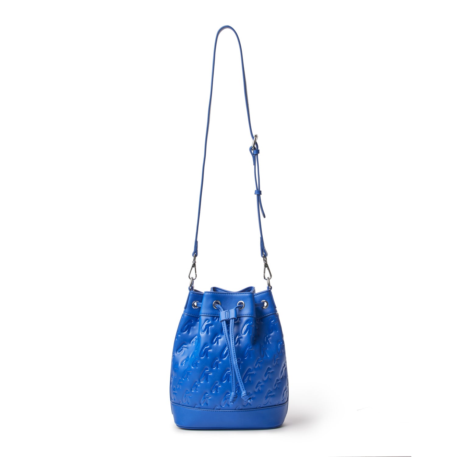 Medium blue monogram bucket bag with adjustable strap and drawstring closure, perfect for stylish everyday use.