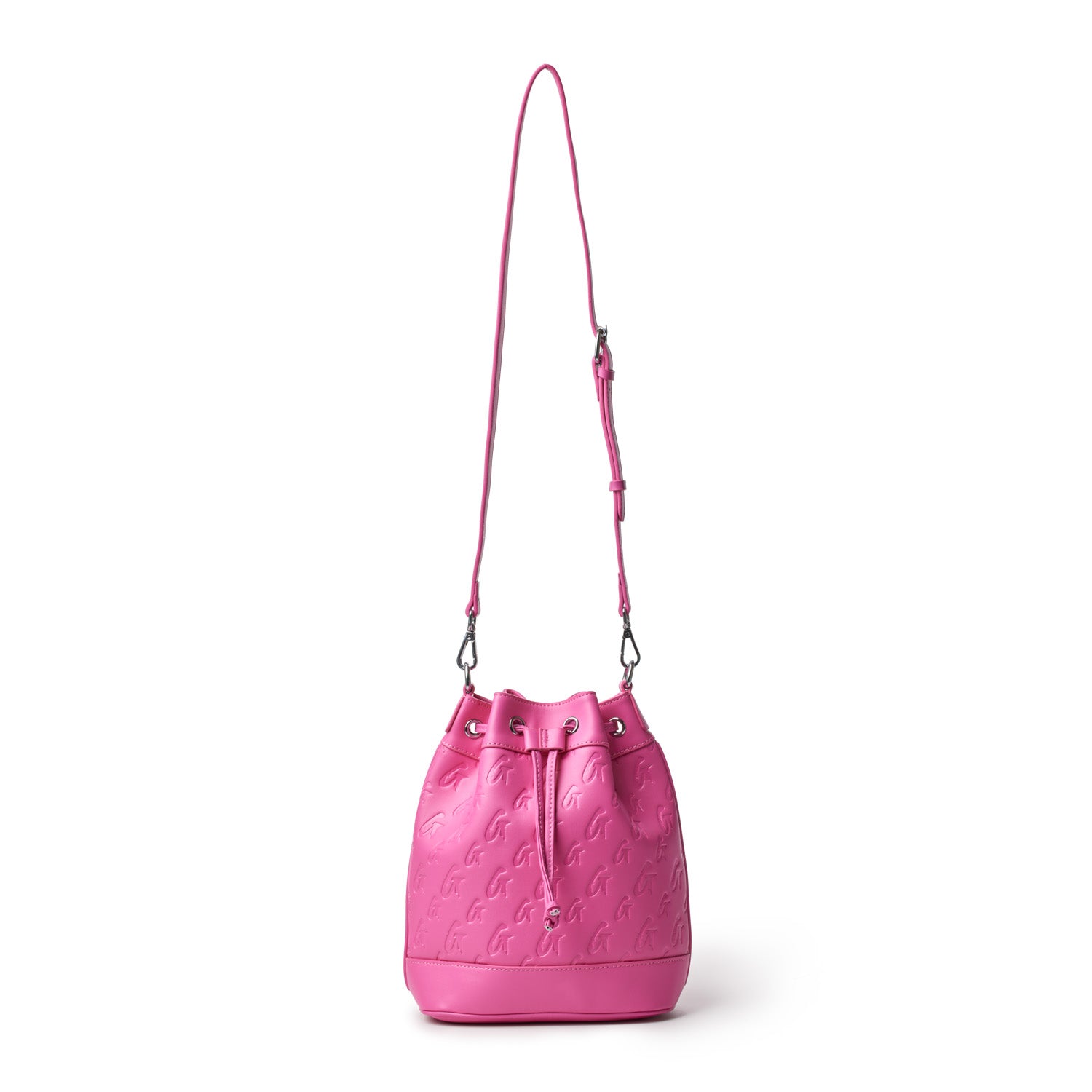 Medium hot pink bucket bag with monogram pattern, adjustable strap, and drawstring closure.