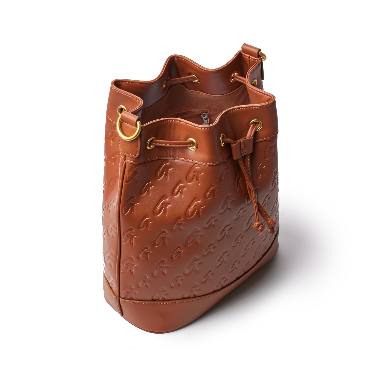 Brown Monogram Bucket Bag bundle with embossed logo pattern, gold hardware, and drawstring closure.