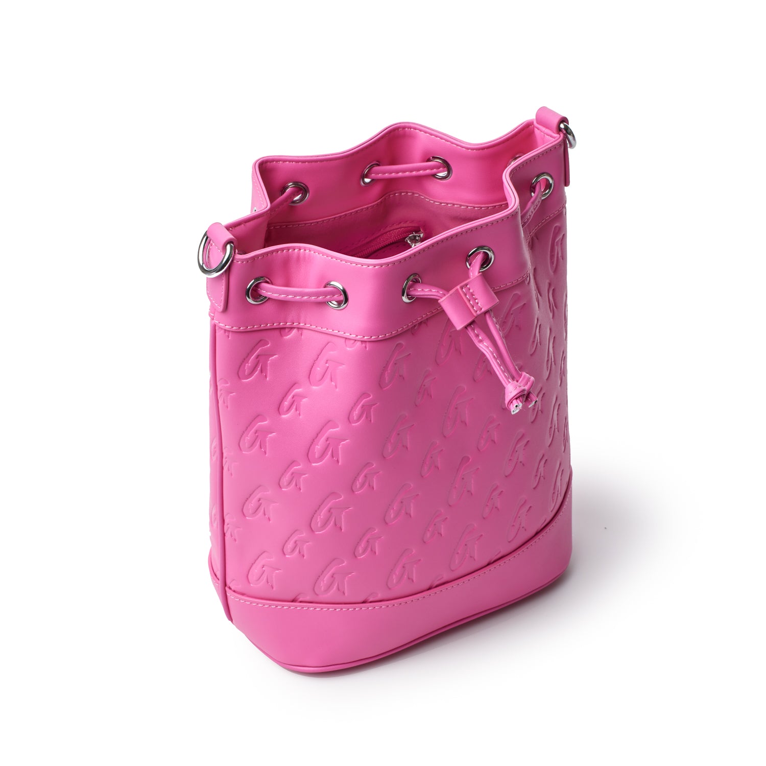 Medium hot pink bucket bag with embossed monogram pattern, drawstring closure, and silver-tone hardware.