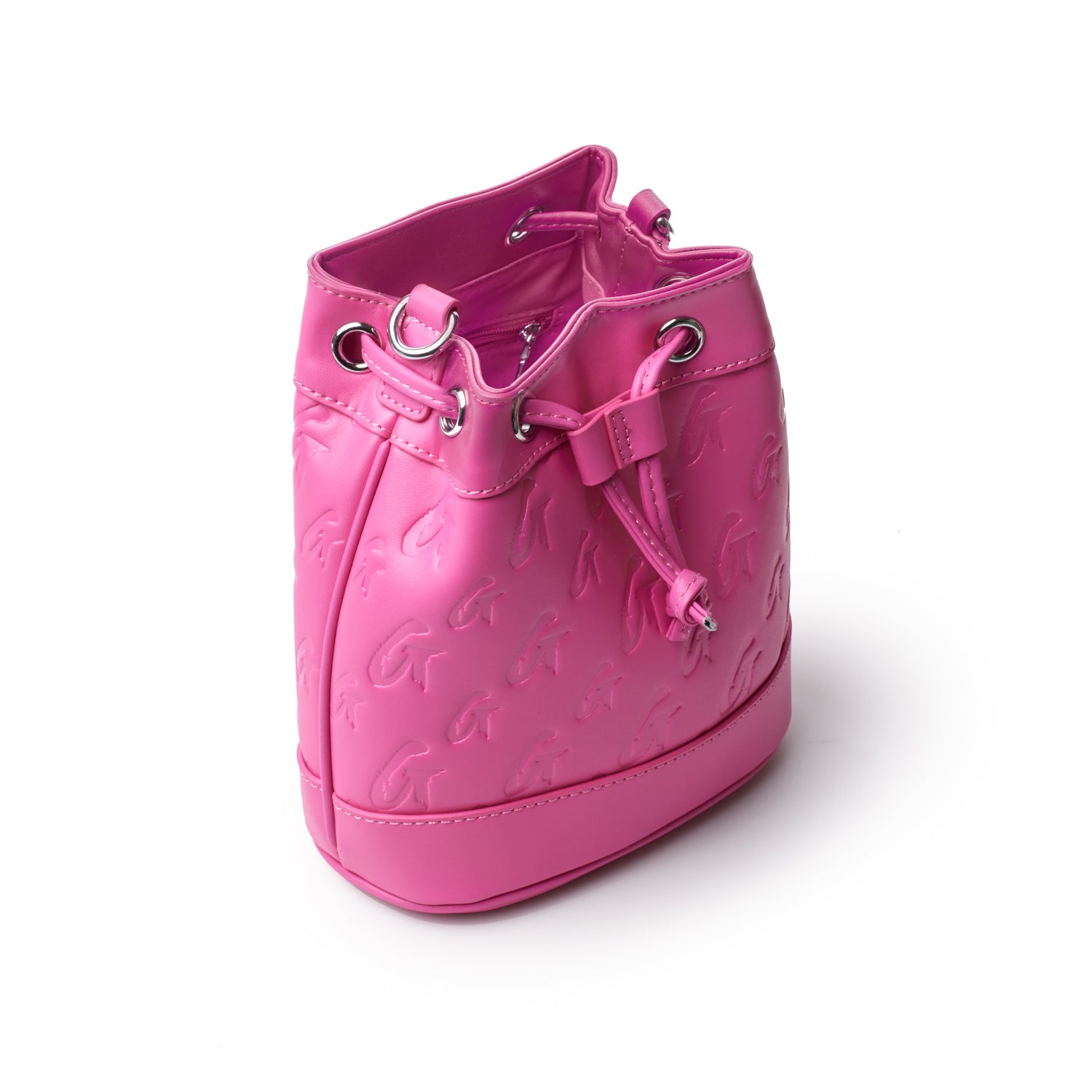 Mini monogram hot pink bucket bag with embossed logo pattern, drawstring closure, and silver hardware accents.