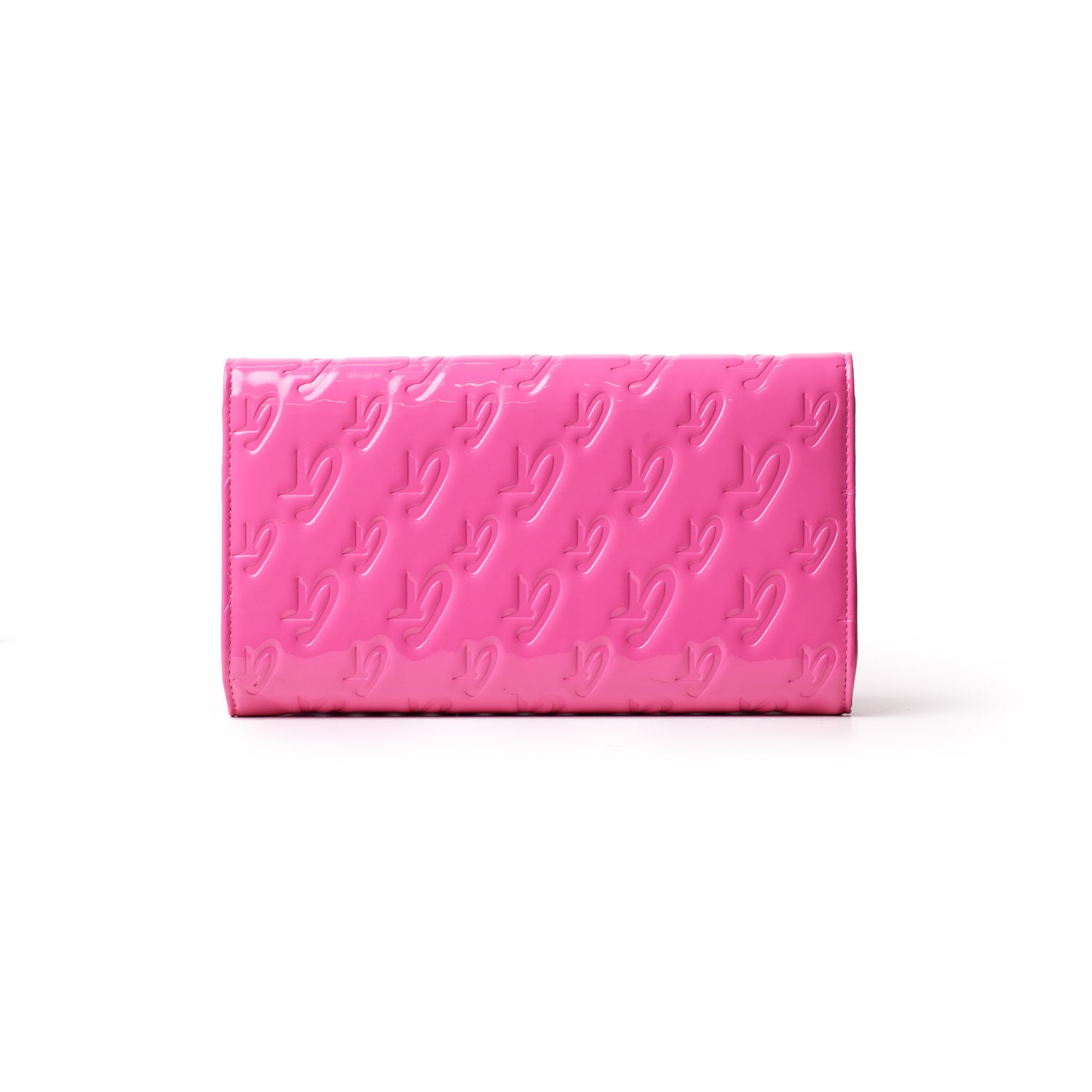 Mirror hot pink Monogram travel wallet with embossed logo pattern, sleek rectangular design, and glossy finish.