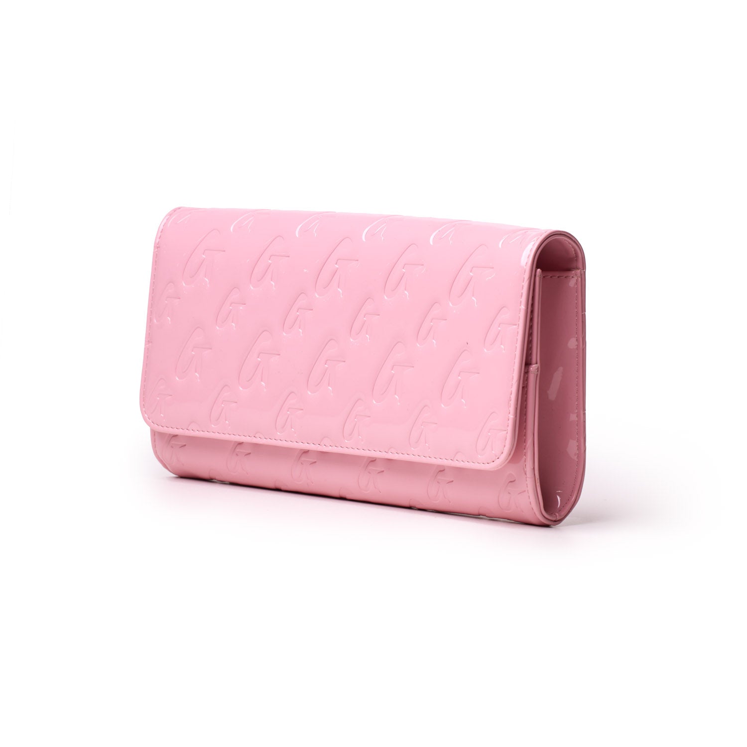 Pink mirror-finish travel wallet with embossed logo pattern, featuring a sleek, glossy surface and fold-over flap design.