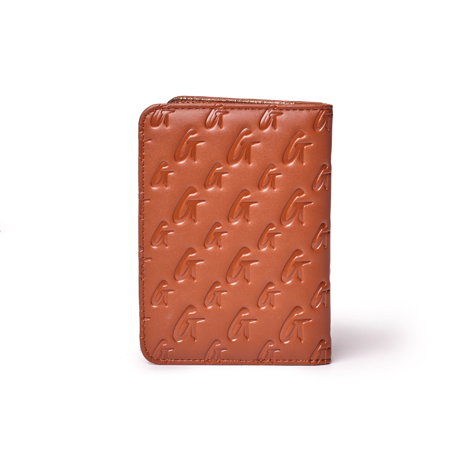 Brown monogram passport holder with embossed "G" pattern, compact design, and zipper closure at the top.