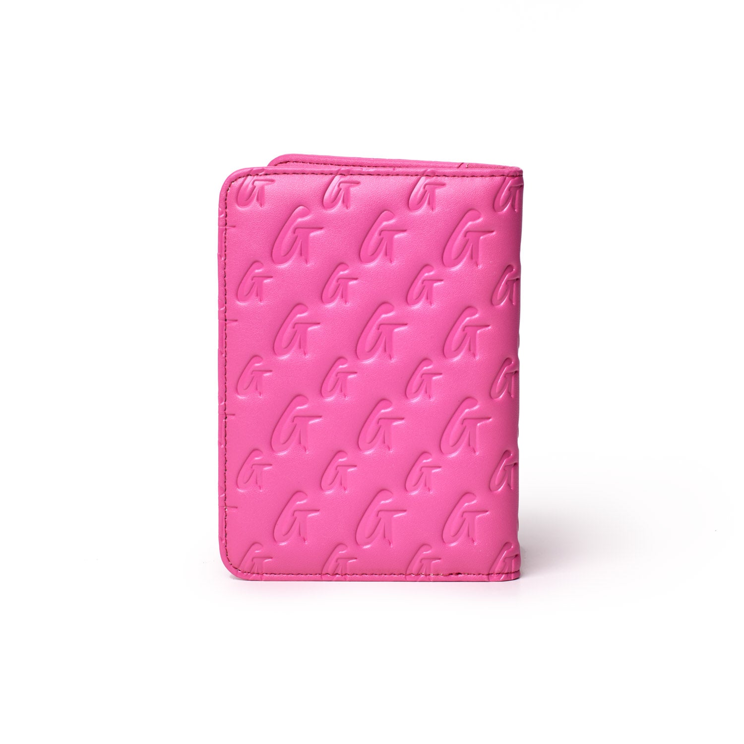 Hot pink monogram passport holder with embossed G and G pattern, stylish and compact for travel accessories.