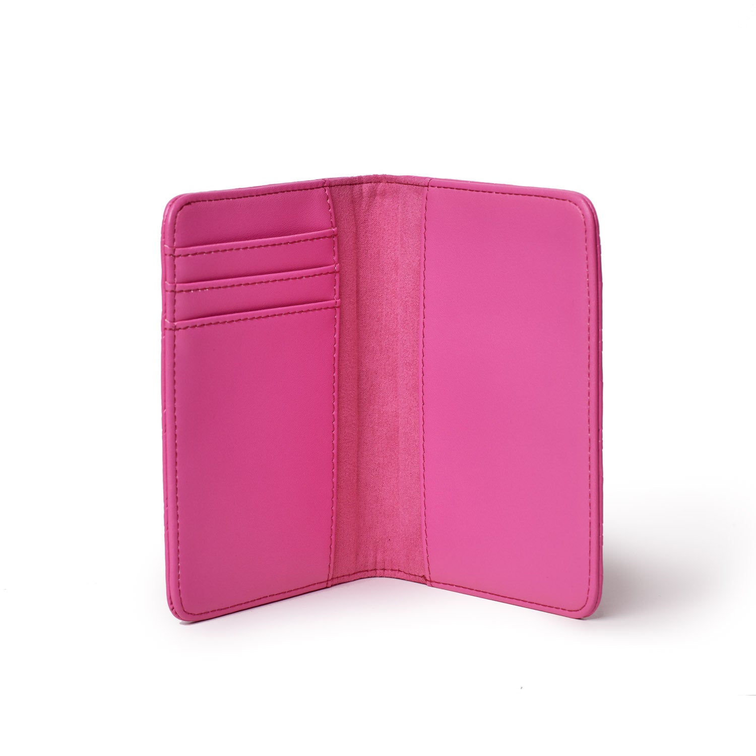 Hot pink monogram passport holder with multiple card slots and a sleek interior design.