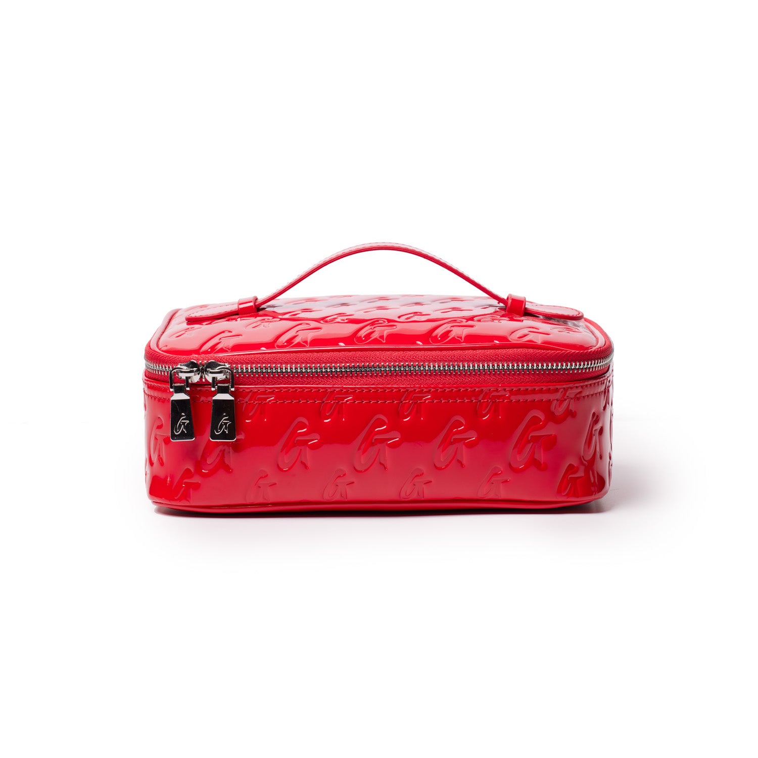 Red glossy medium toiletry bag with monogram pattern, zipper closure, and handle, featuring a mirror for travel convenience.