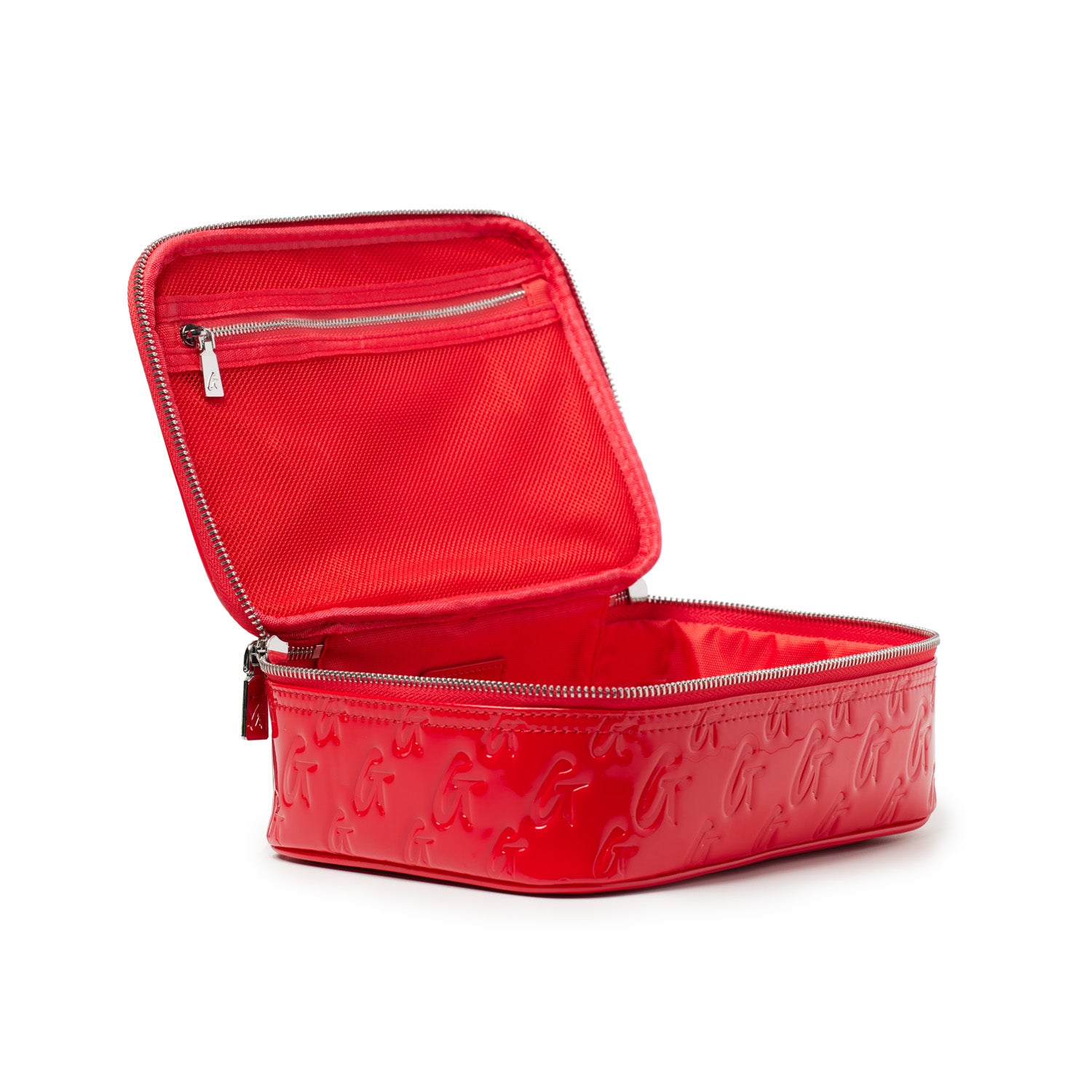 Red medium monogram toiletry bag with embossed logo pattern, interior zip pocket, and spacious storage.