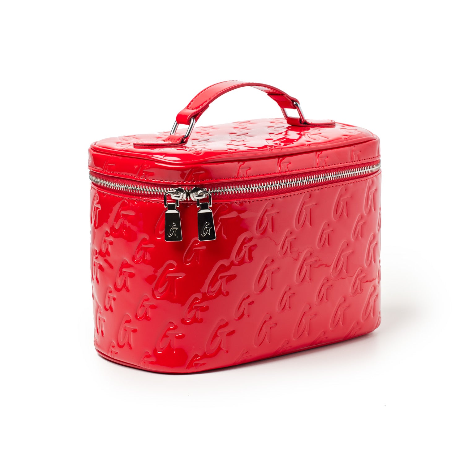 Large red monogram toiletry bag with embossed logo pattern, silver zipper, and top handle.