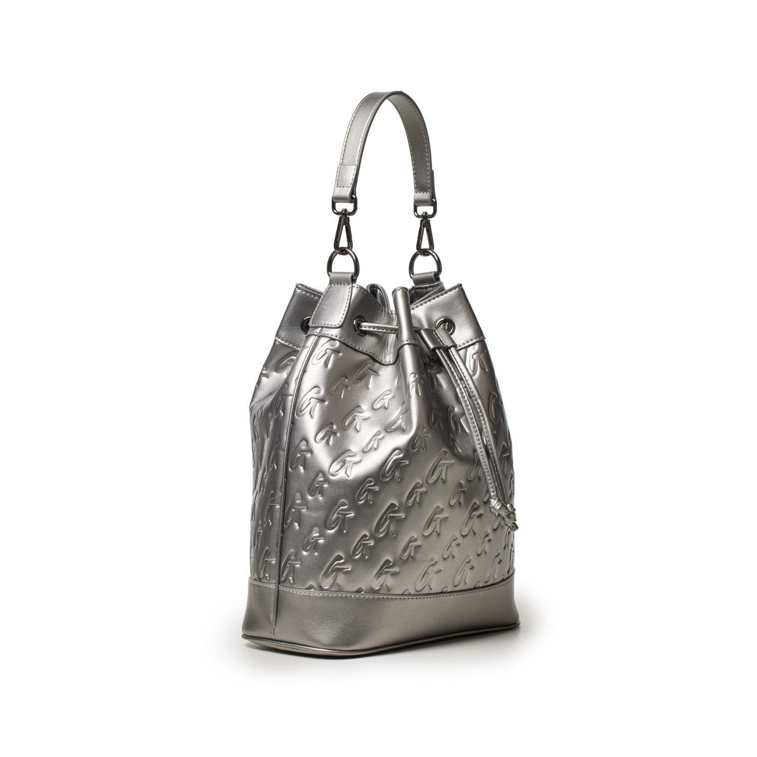 Large platinum monogram bucket bag with embossed logo pattern, adjustable strap, and drawstring closure.