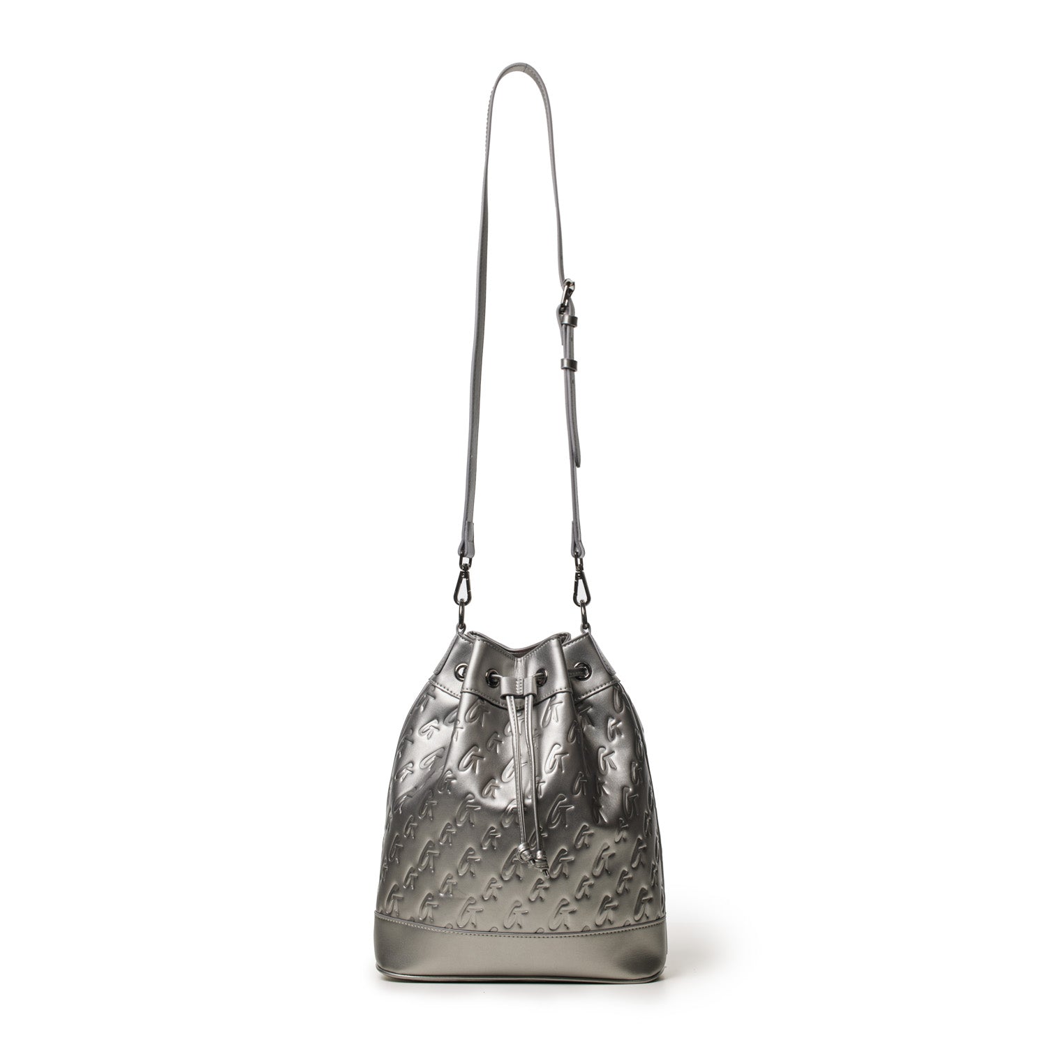 Large platinum monogram bucket bag with embossed logo pattern, drawstring closure, and adjustable shoulder strap.