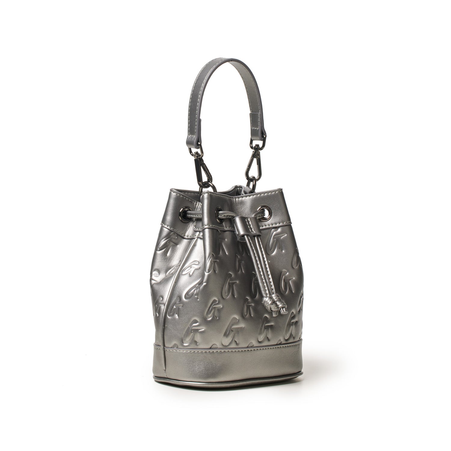 Mini Monogram Bucket Bag in platinum metallic finish with embossed logo pattern, drawstring closure, and adjustable handle.