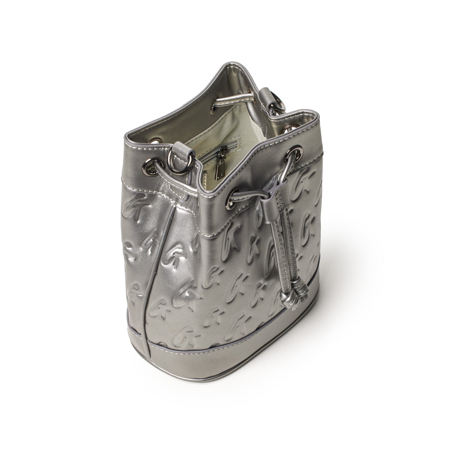 Mini Monogram Bucket Bag in platinum metallic finish with embossed logo pattern, drawstring closure, and interior zip pocket.
