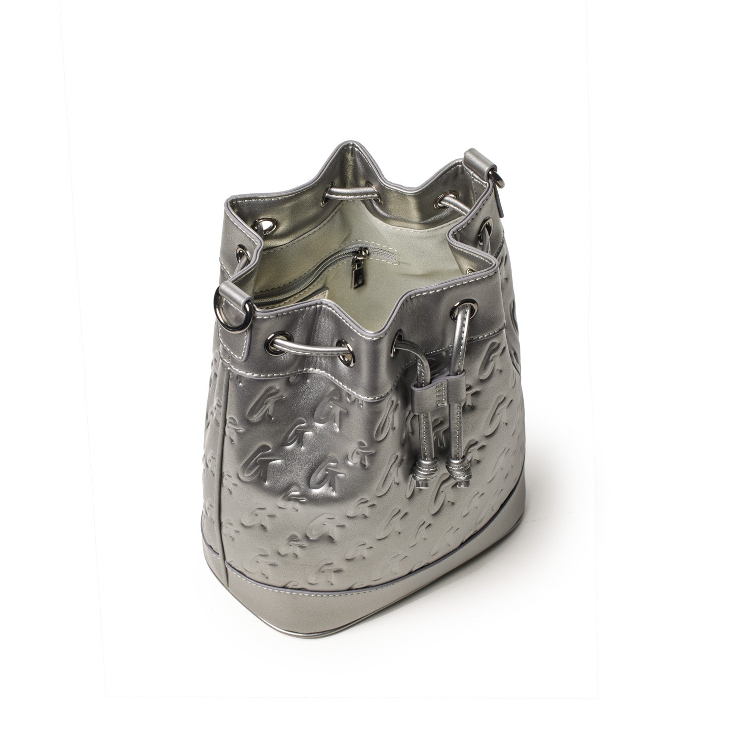 Medium platinum monogram bucket bag with embossed logo pattern, drawstring closure, and interior zip pocket.