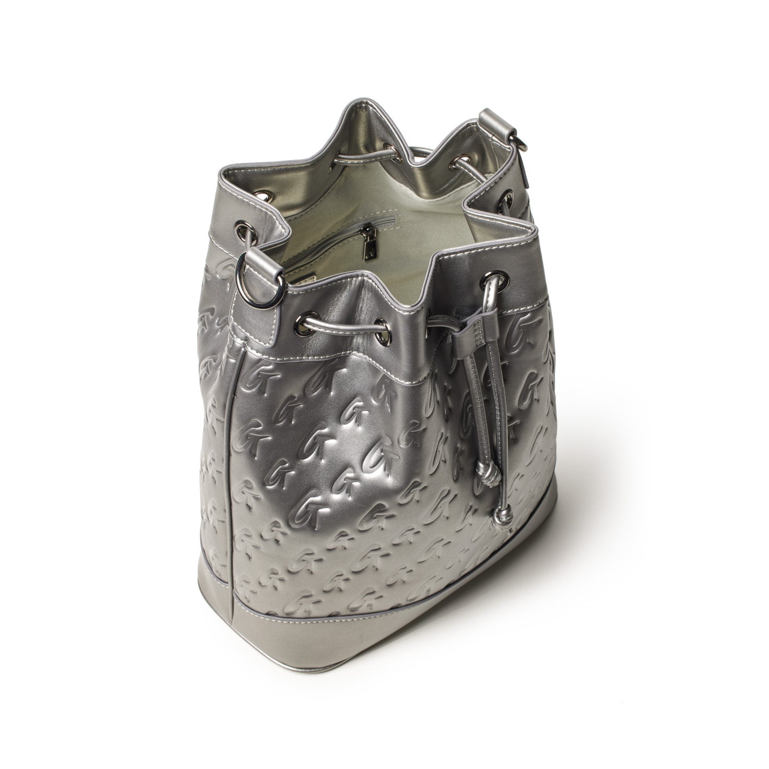 Large platinum metallic bucket bag with embossed monogram pattern, drawstring closure, and interior zip pocket.