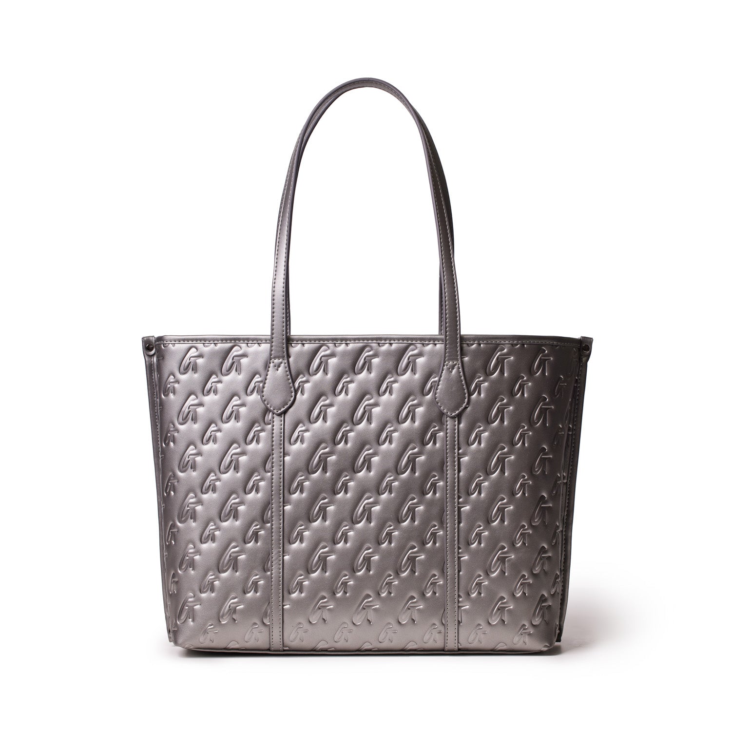 Monogram sleek tote in platinum with embossed G pattern, two shoulder straps, and spacious design.