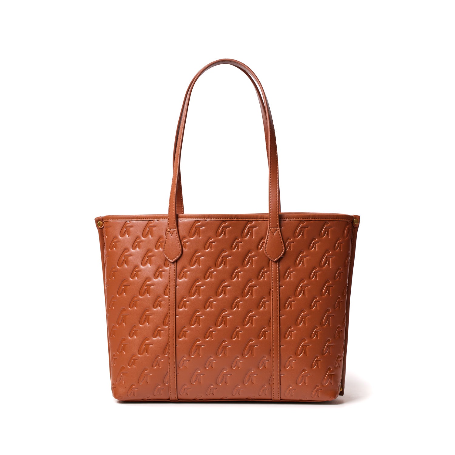 Brown Monogram Sleek Tote bag with embossed G logo pattern and dual shoulder straps on a white background.