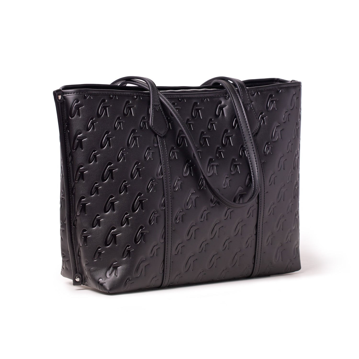 Black Monogram Sleek Tote bag with embossed logo pattern, top handles, and a spacious design.