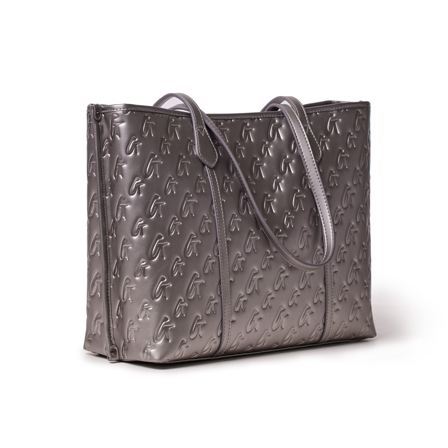 Monogram sleek tote in platinum with embossed G pattern, structured design, and double handles for versatile carrying.