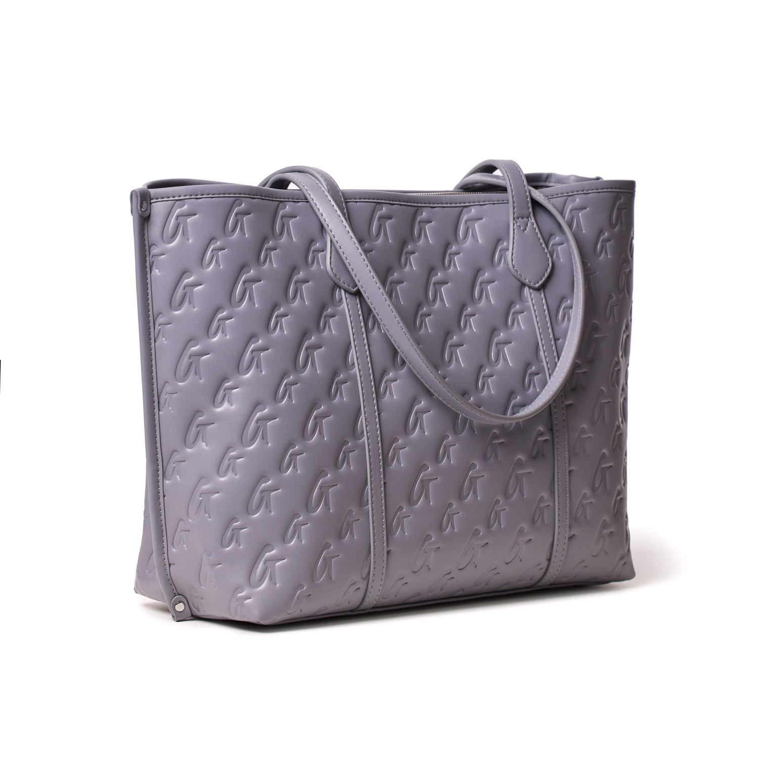 Gray Monogram Sleek Tote bag with embossed logo pattern, dual shoulder straps, and sleek design.
