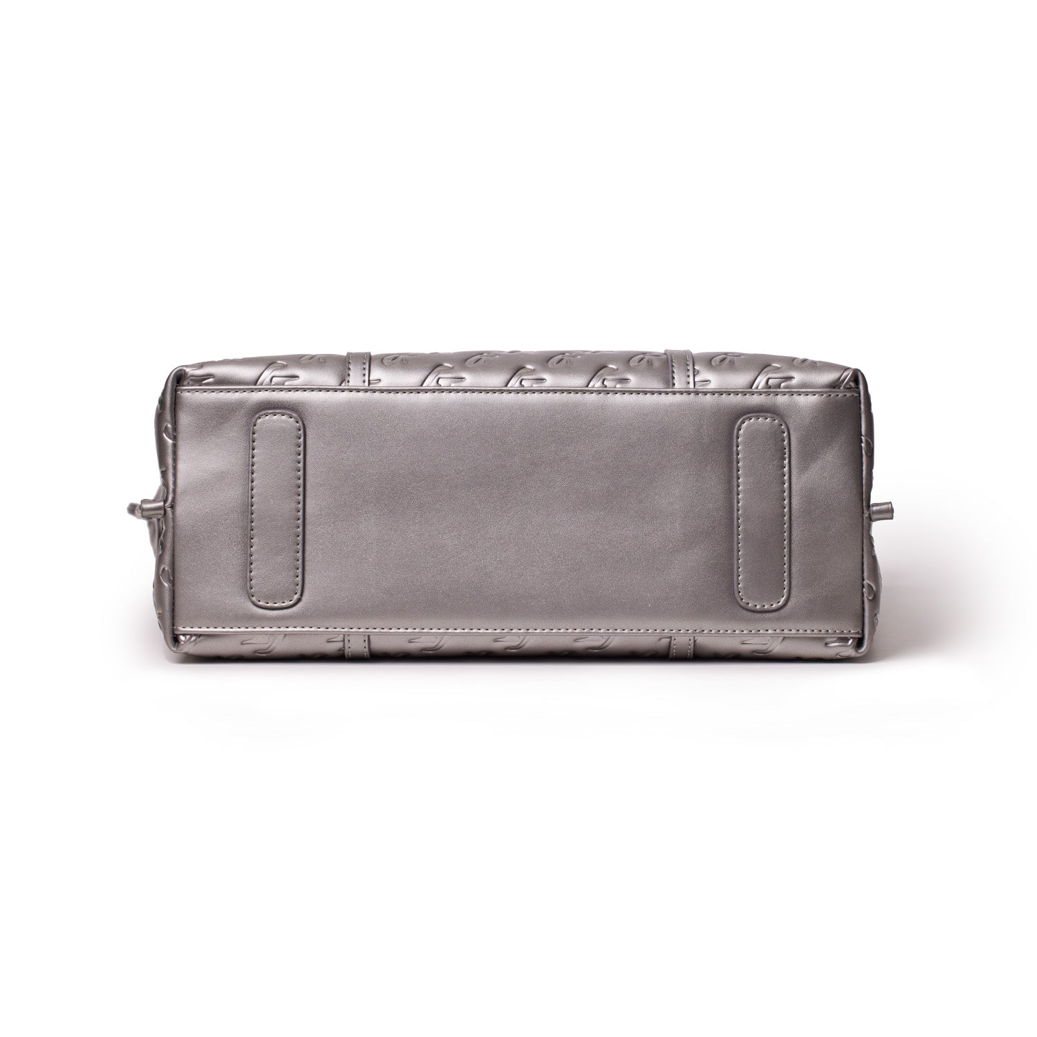 Silver Monogram Sleek Tote bag with embossed logo pattern, smooth metallic finish, and sturdy bottom panel.