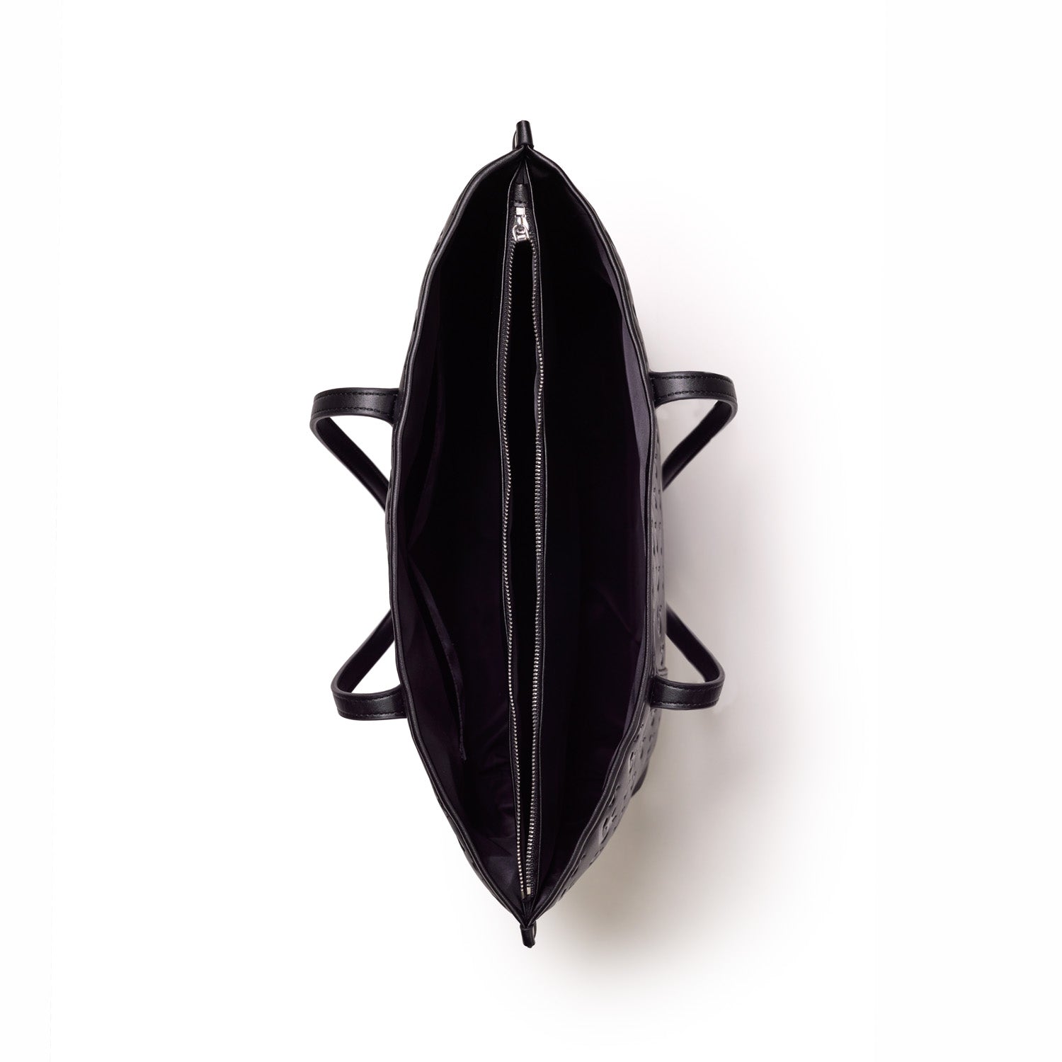 Black Monogram Sleek Tote bag with dual top handles and a central zippered compartment, viewed from above.