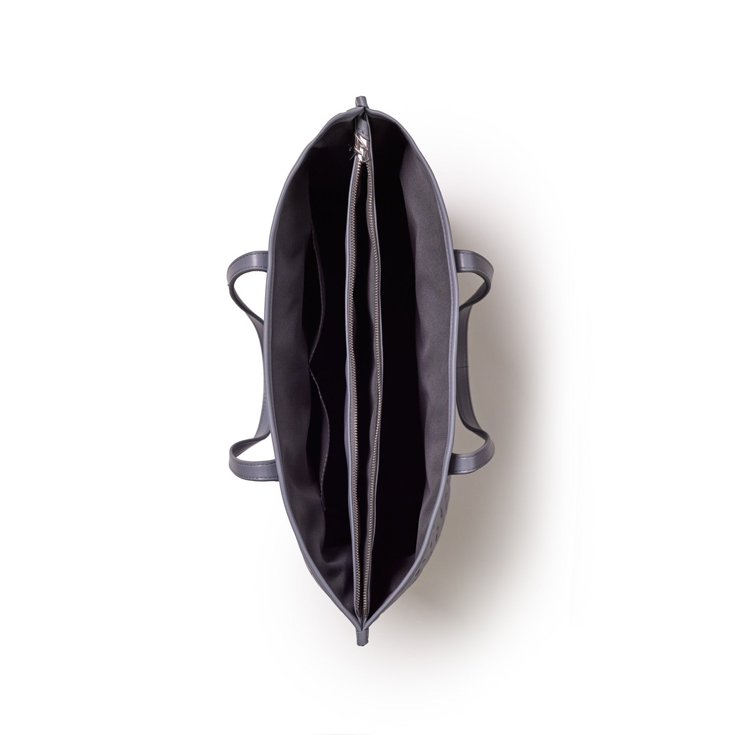 Gray Monogram Sleek Tote bag with multiple interior compartments and a central zippered pocket, viewed from above.