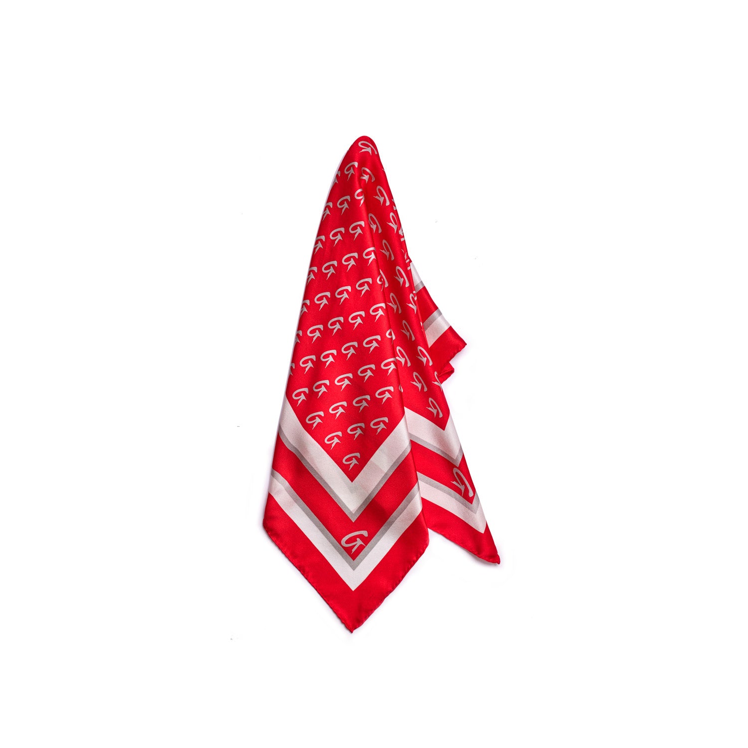 Red silk scarf with a monogram pattern, featuring white and gray border accents, styled in a medium size.