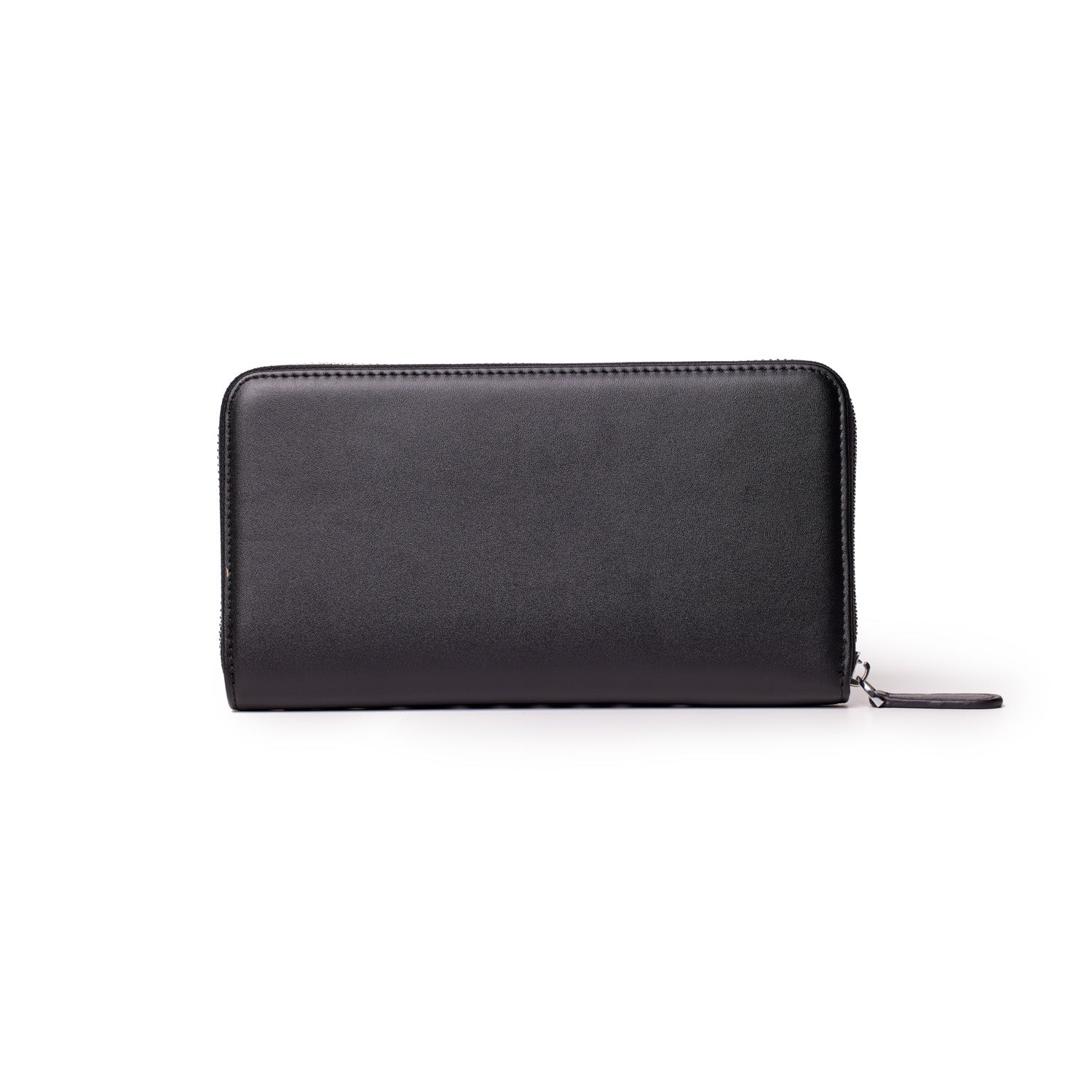 Black jumbo signature logo wallet with a zip-around closure and a wrist strap, sleek and spacious for essentials.