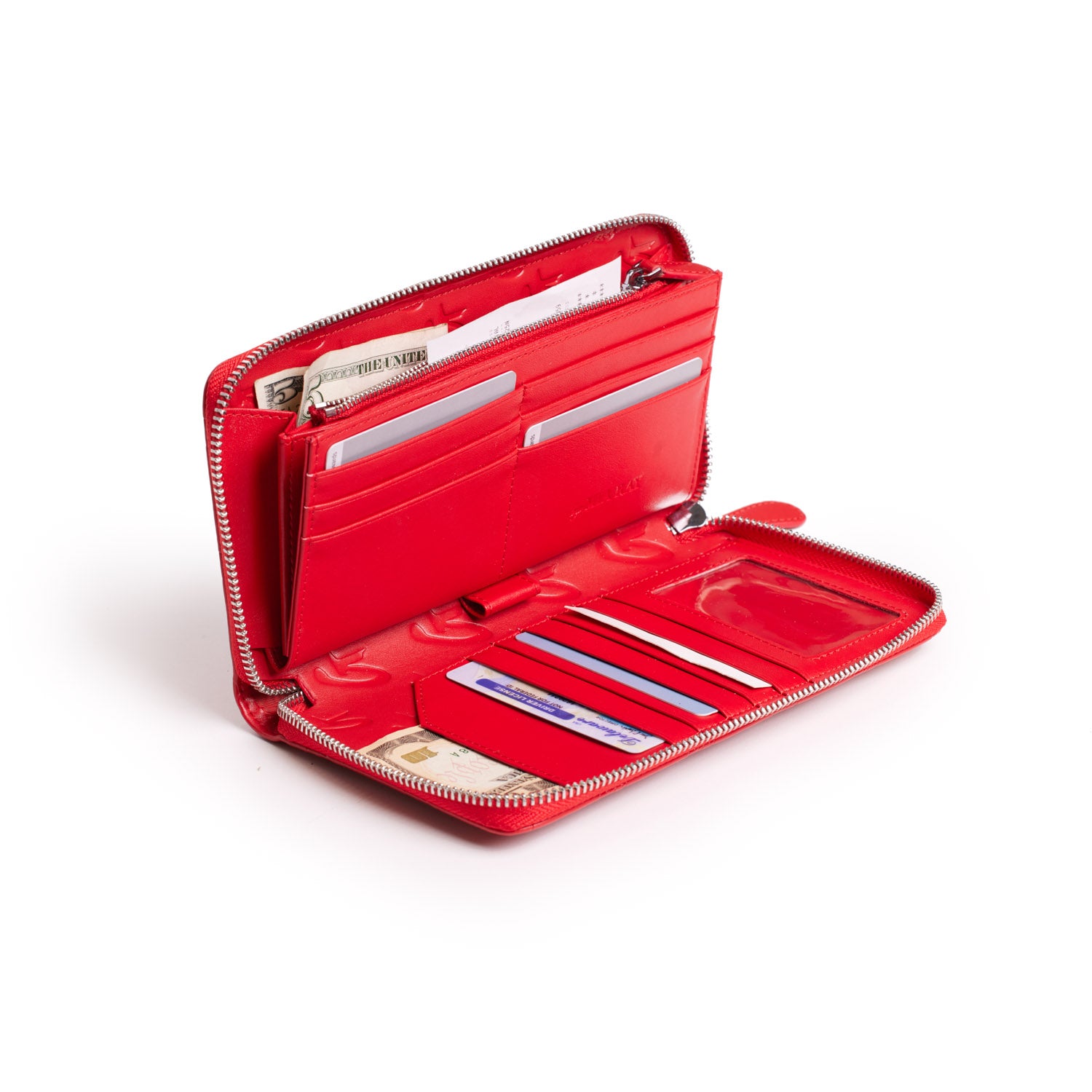 Red jumbo monogram wallet open showing multiple card slots, cash, and a clear ID window inside.