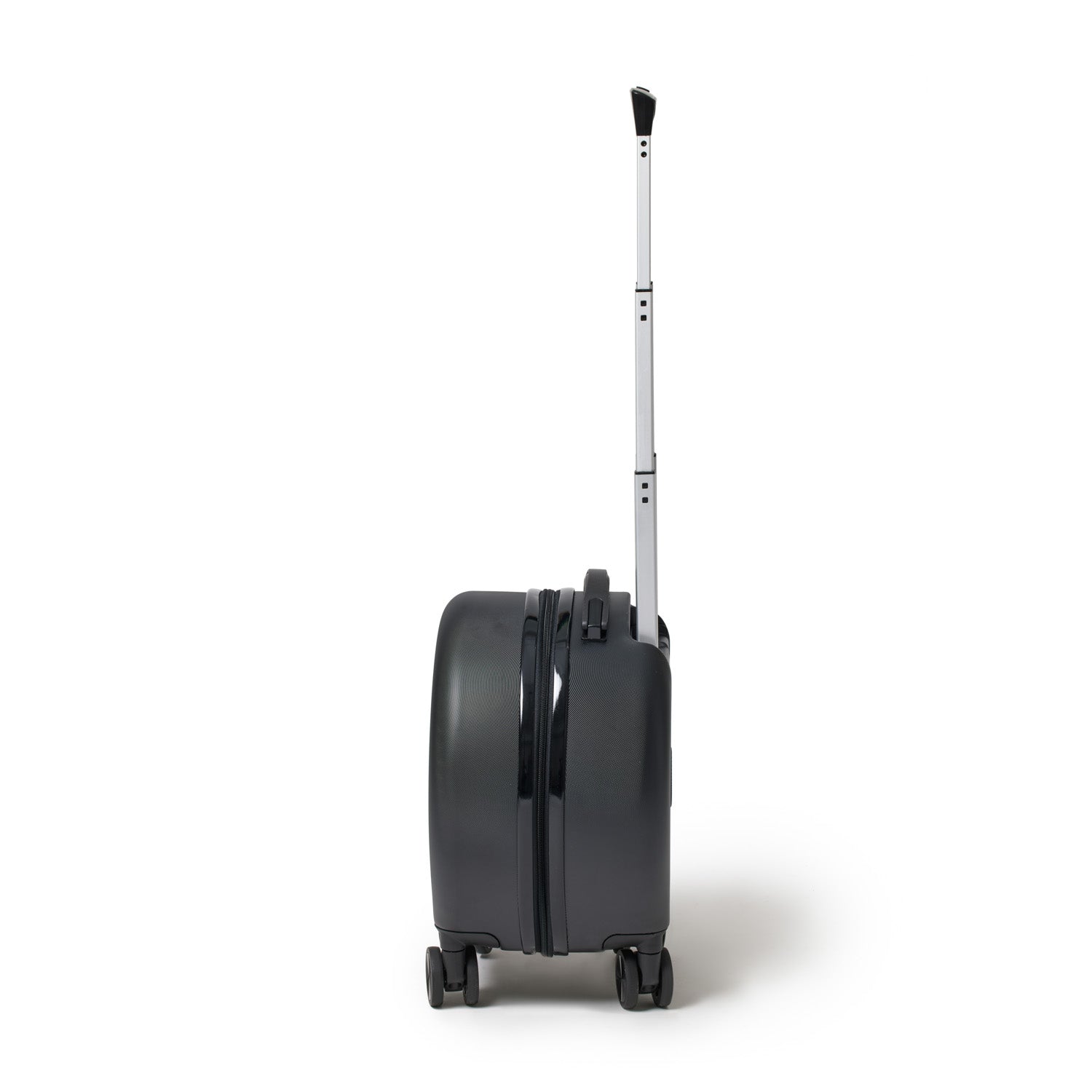 Compact black mini traveler luggage with a retractable handle and wheels for easy mobility. Ideal for stylish trips.