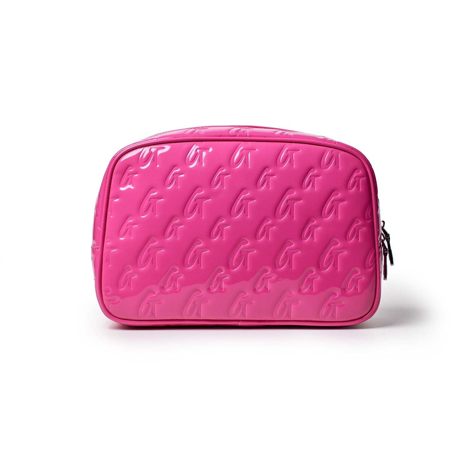 Small hot pink monogram toiletry bag with embossed "G" pattern and a mirror, featuring a zip closure.