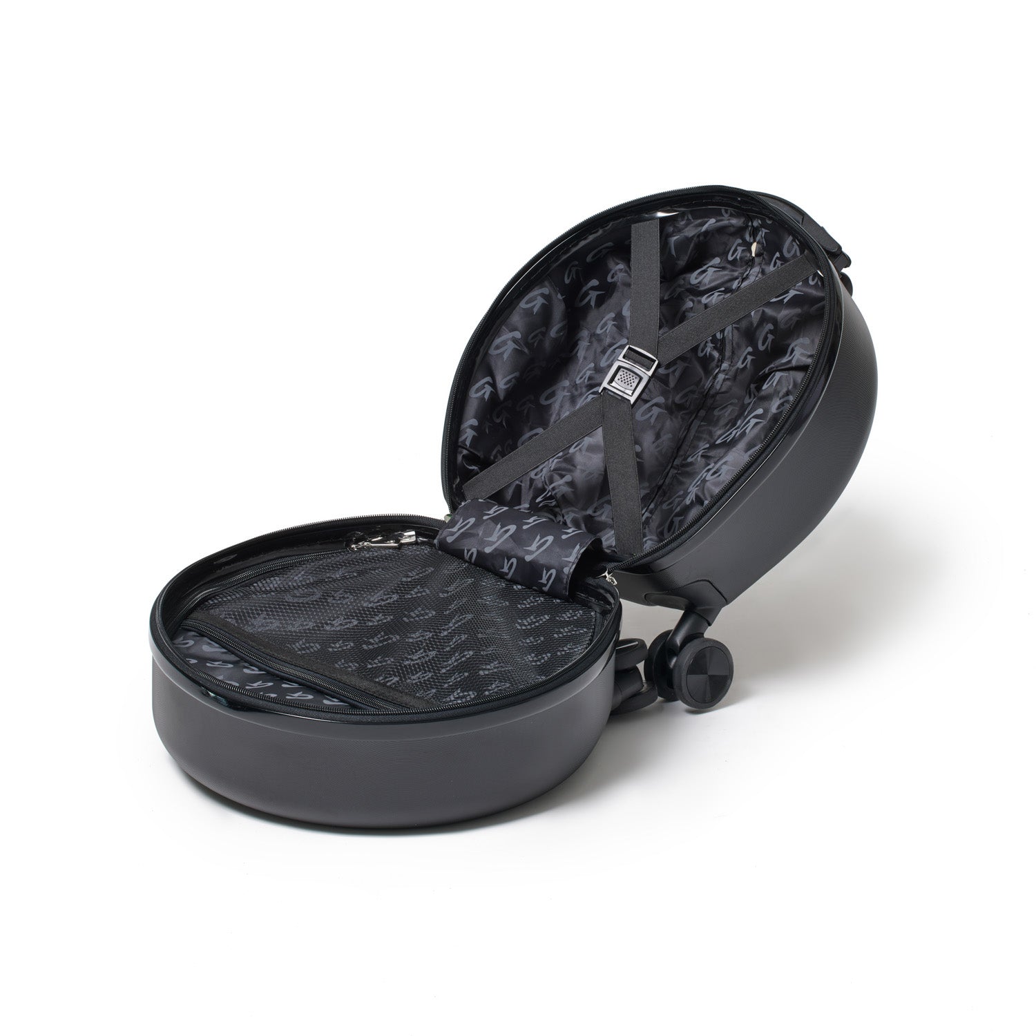 Compact black mini traveler luggage with a zippered opening, featuring an organized interior and smooth-rolling wheels.