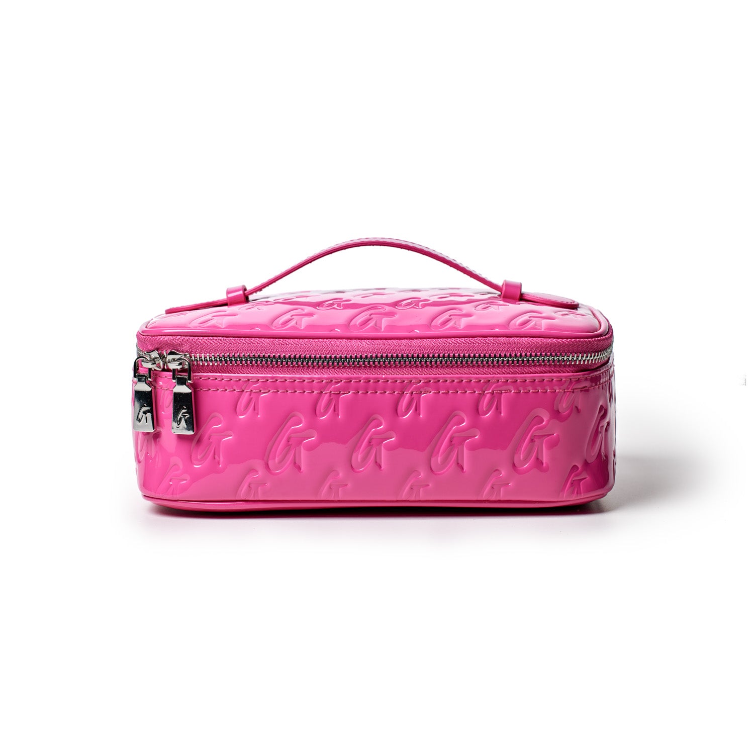 Medium mirror pink monogram toiletry bag with embossed logo pattern, silver zipper, and top handle.