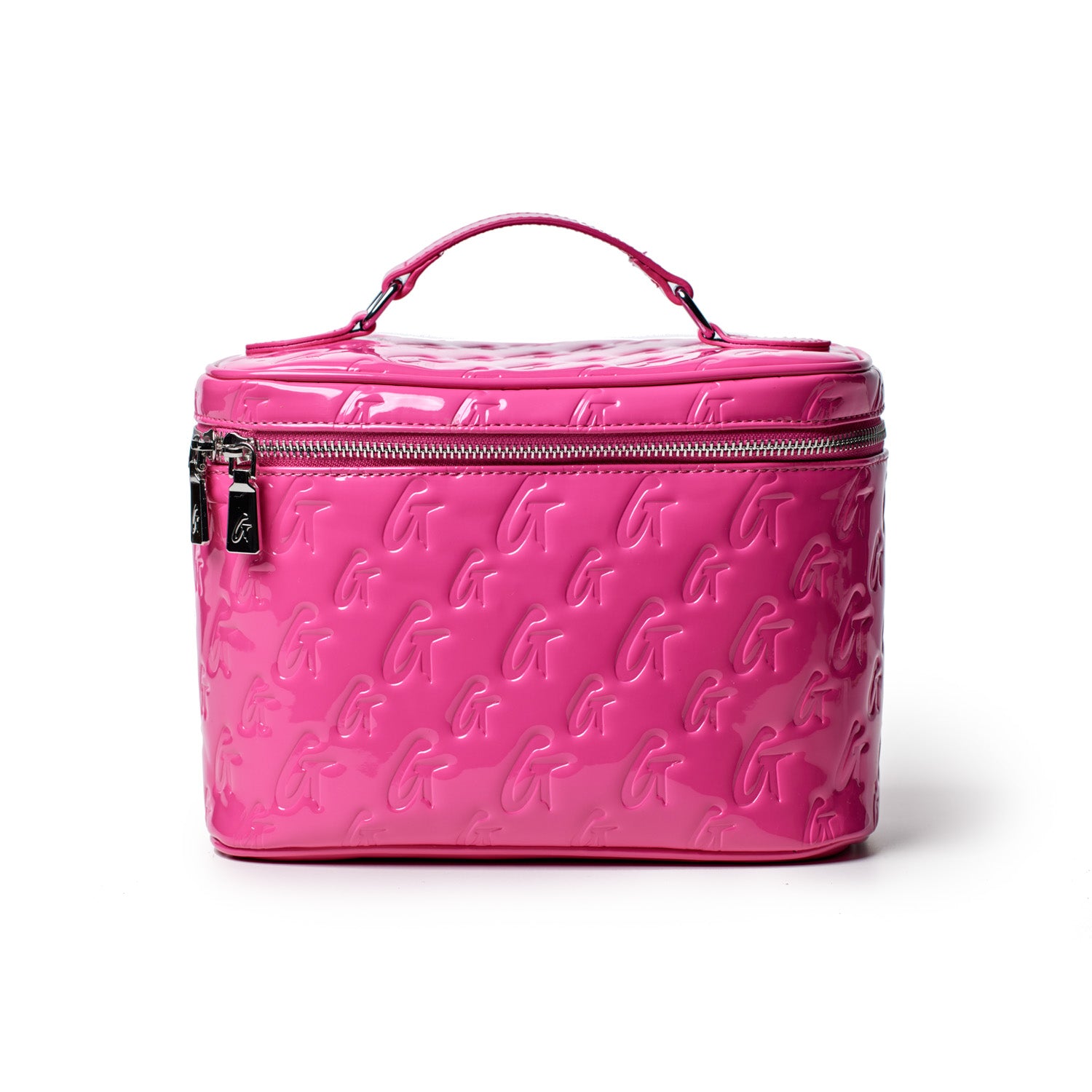 Large mirror pink monogram toiletry bag with embossed "G" pattern, zip closure, and top handle for travel organization.