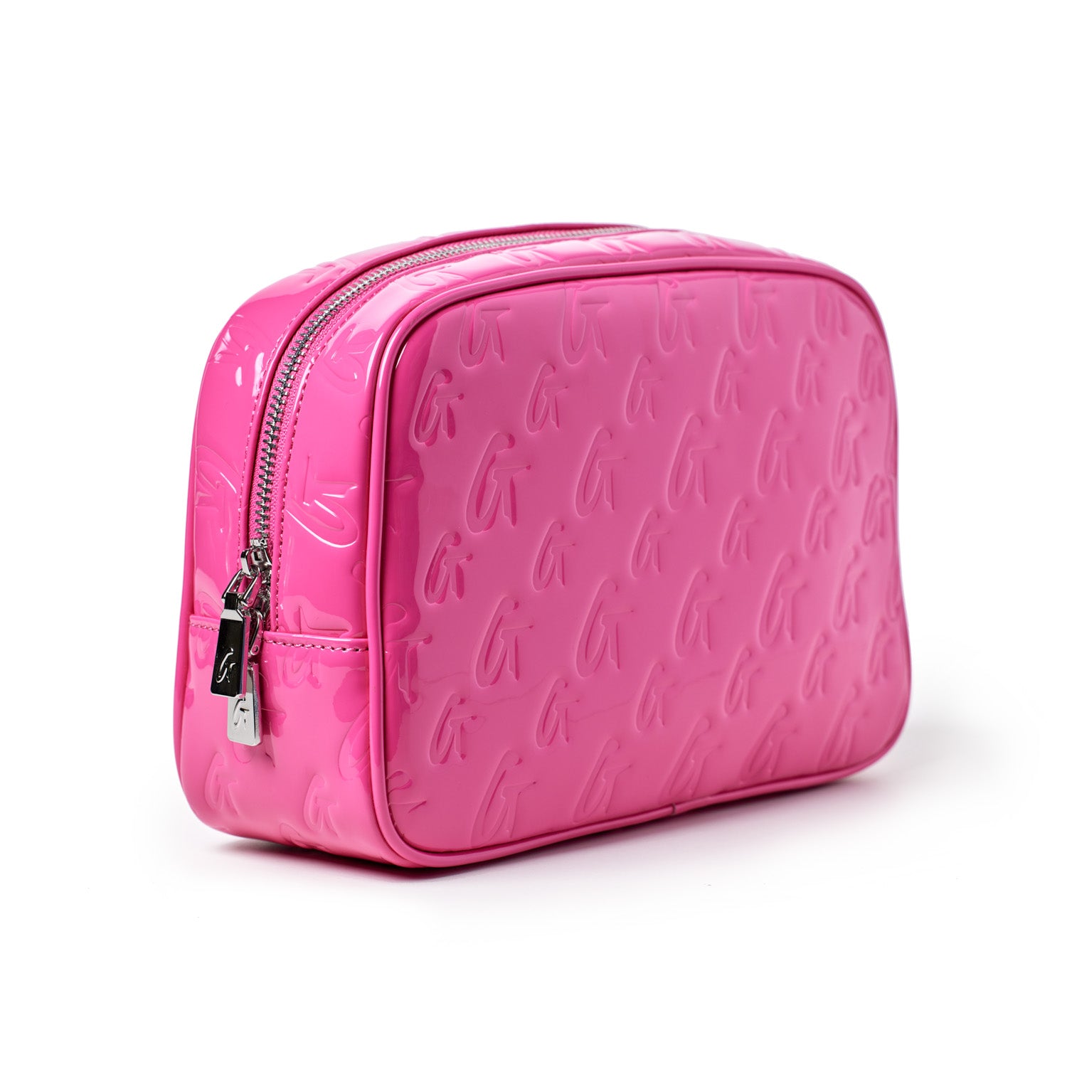 Small hot pink monogram toiletry bag with embossed logo pattern and silver zipper.