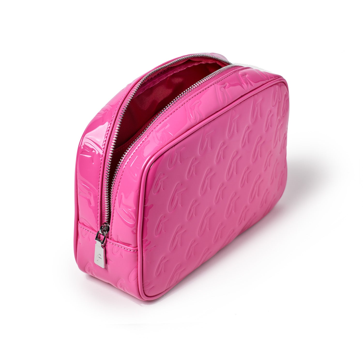 Small hot pink monogram toiletry bag with embossed logo pattern and a silver zipper.