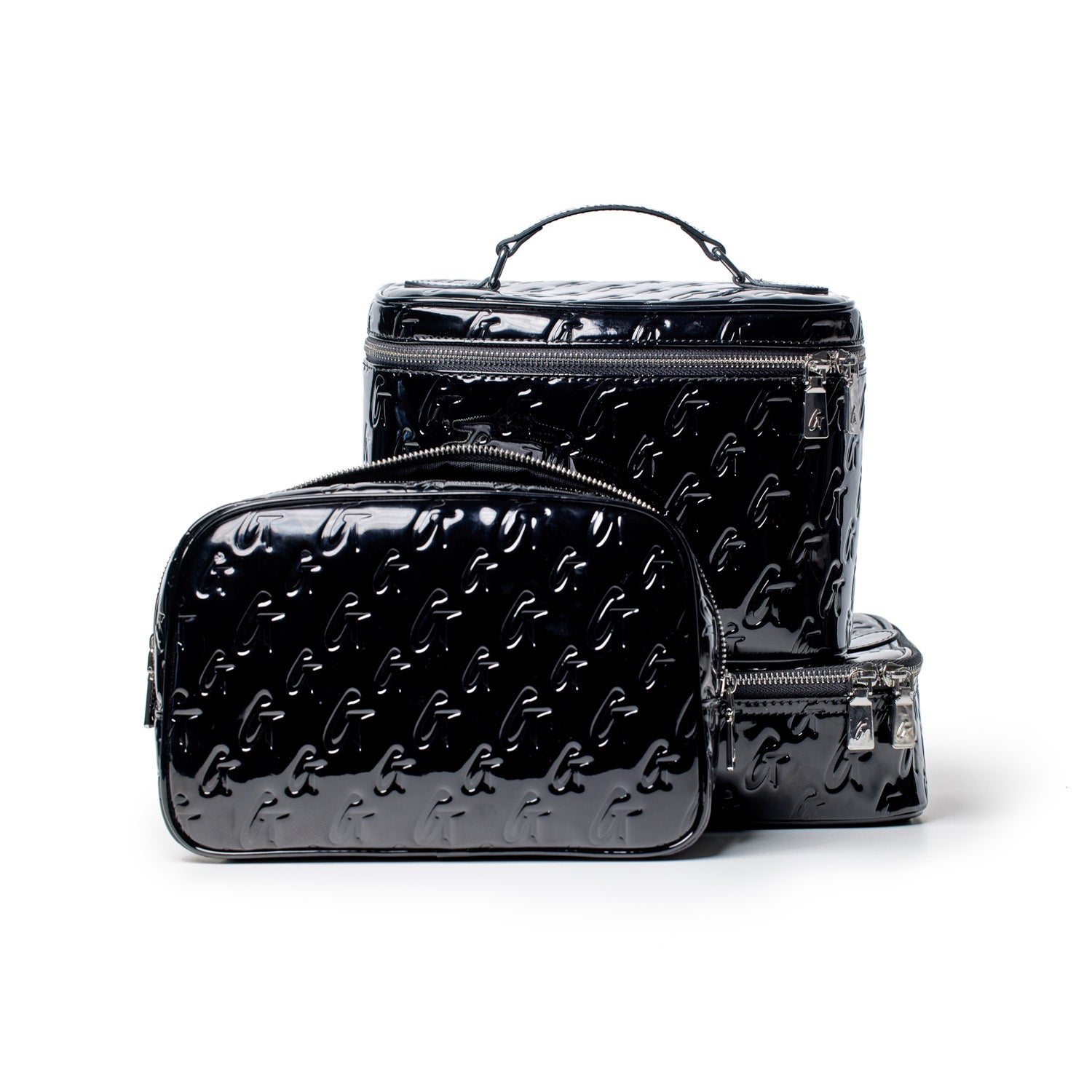 Medium black glossy toiletry bag with monogram pattern and zipper closure, designed for travel organization.
