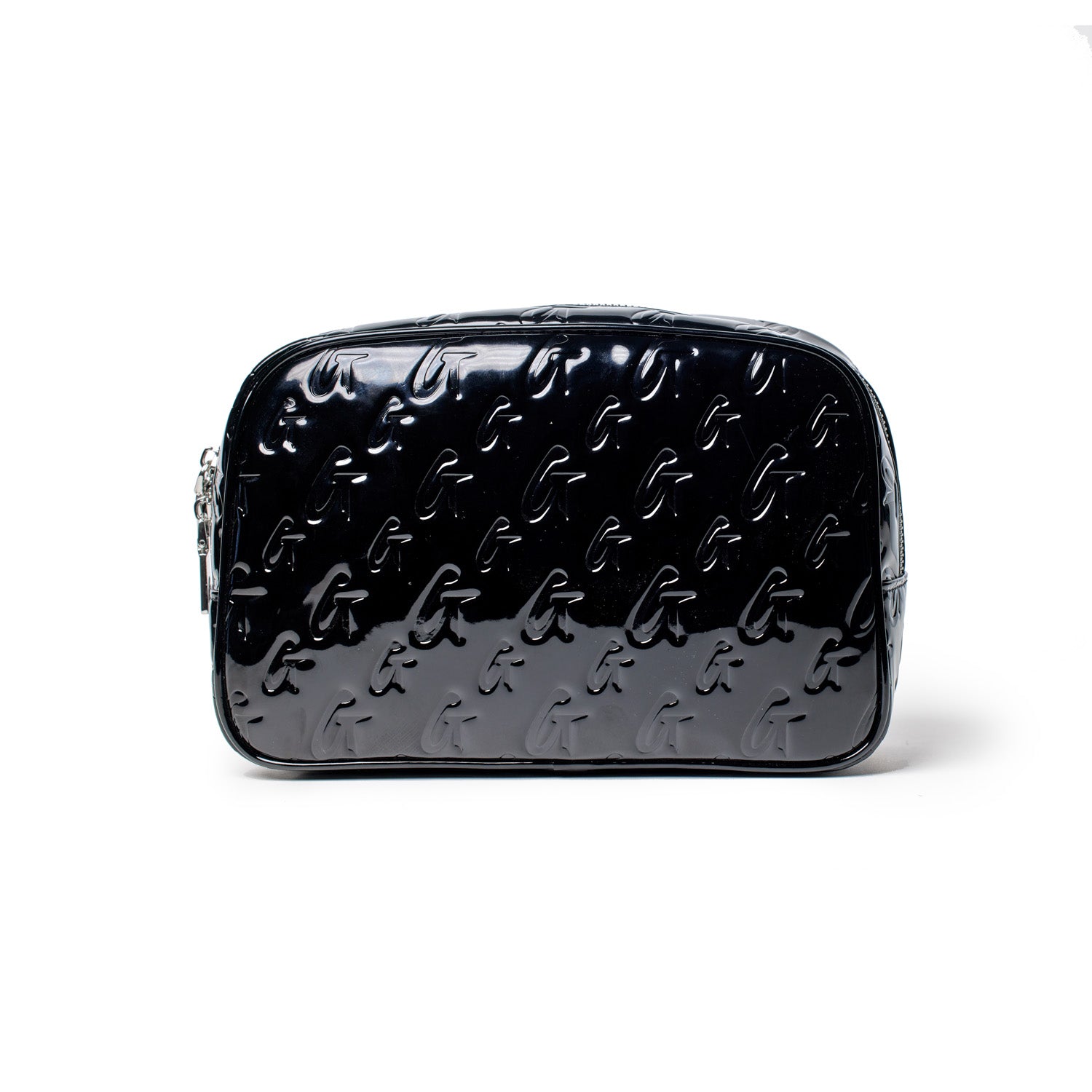 Black glossy toiletry bag with embossed monogram pattern and a silver zipper, compact and stylish for travel essentials.