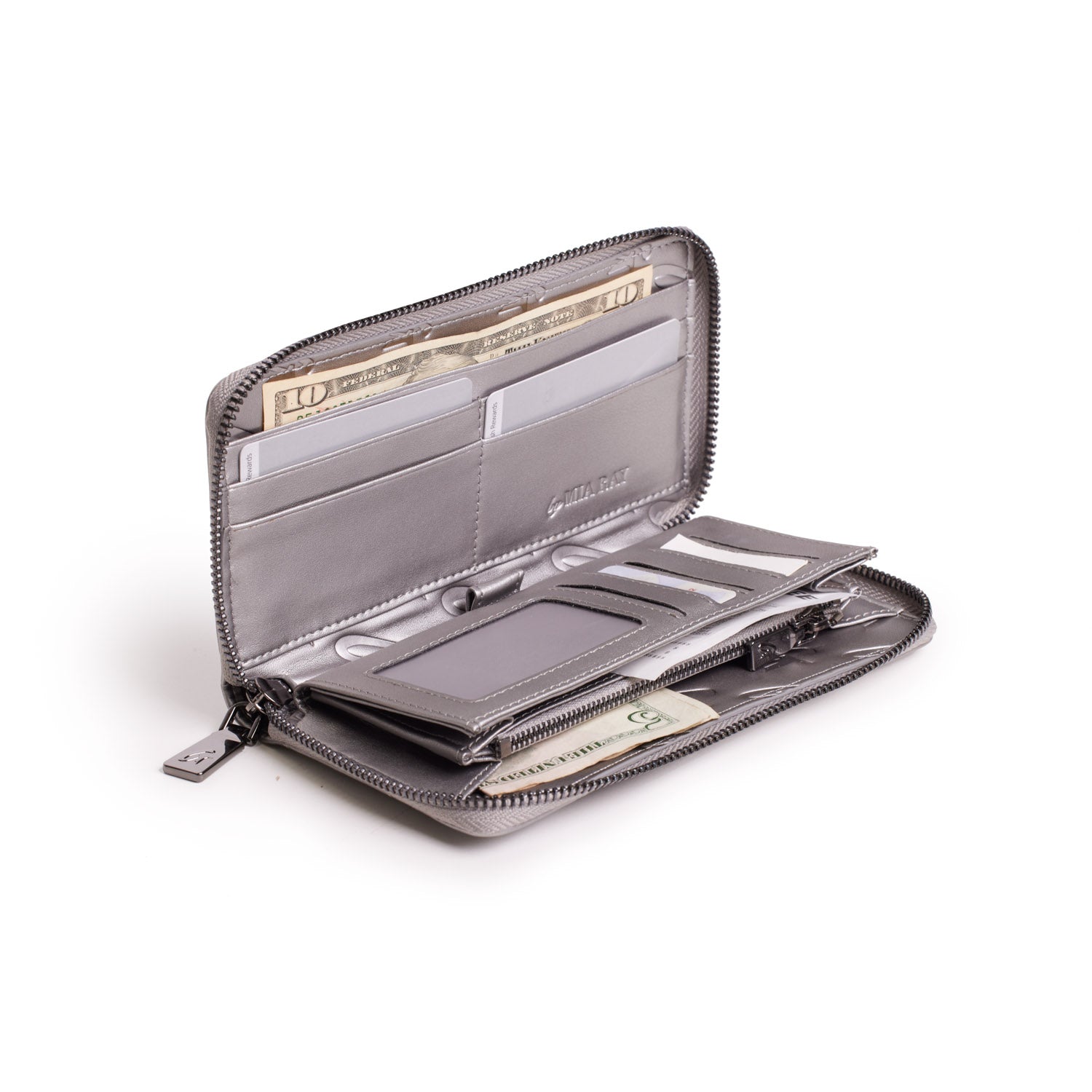 Open platinum-colored wallet with multiple card slots, cash compartment, and zipper closure, designed for organization.