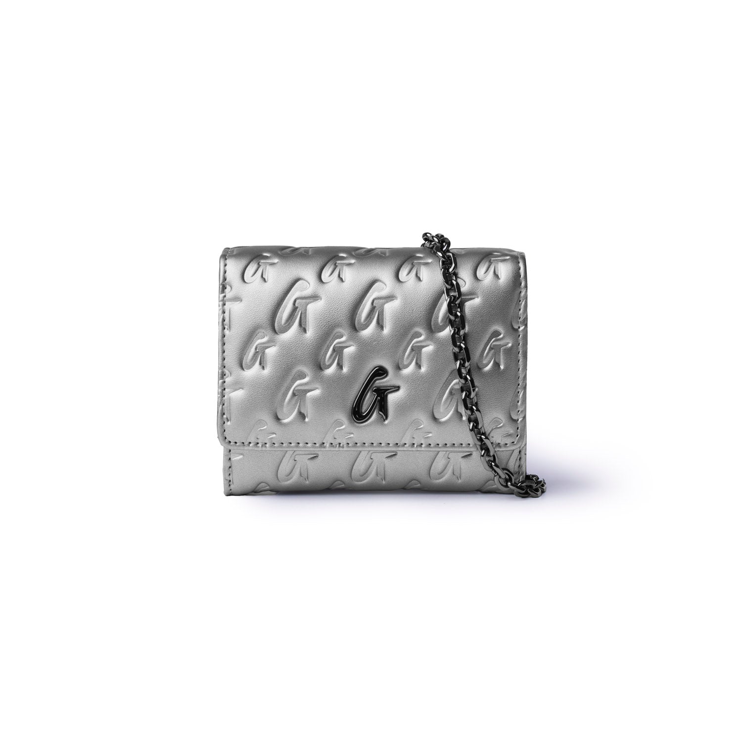 Gunmetal compact wallet on a chain featuring a monogram design, perfect for stylish, affordable luxury.