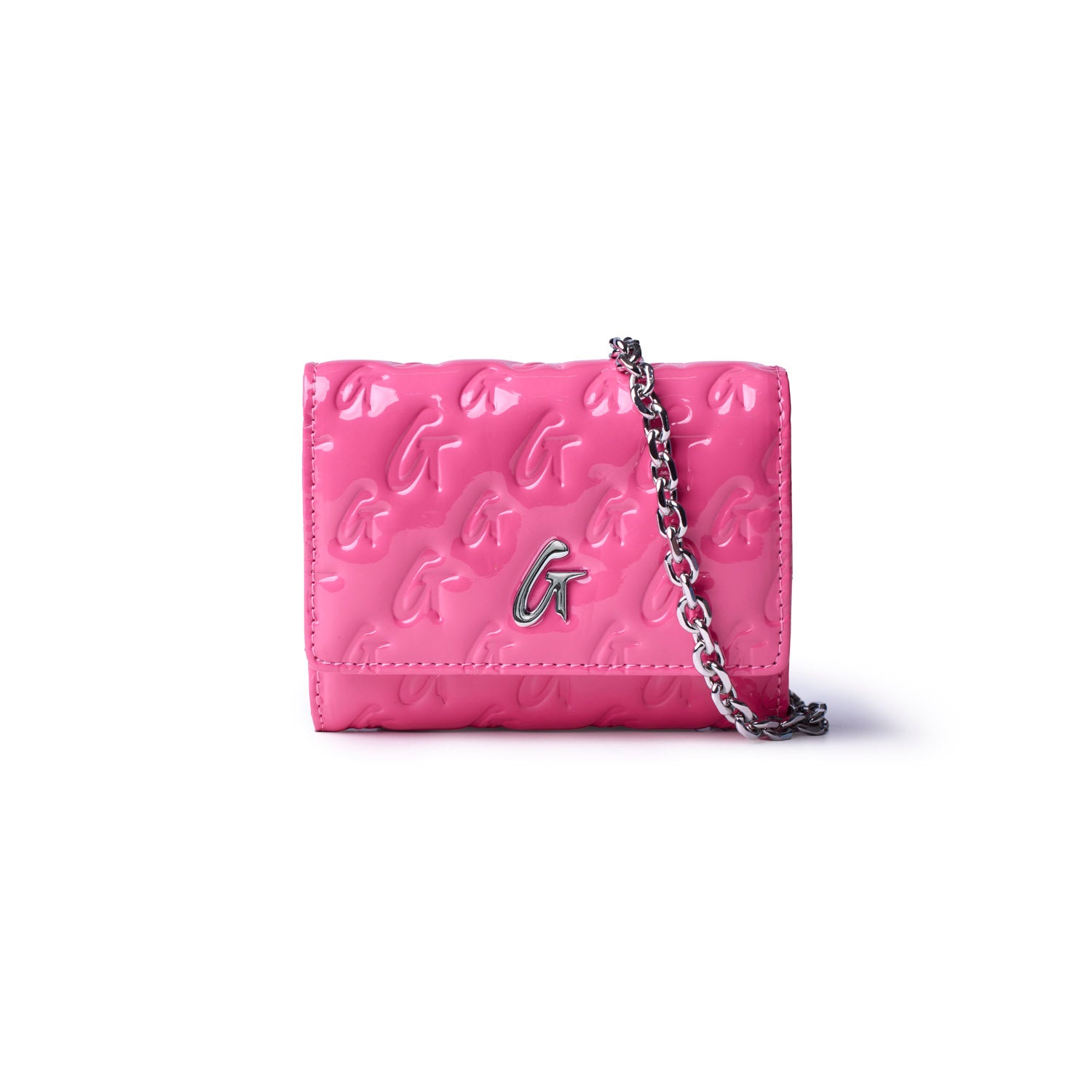 Hot pink monogram compact wallet on a chain with a glossy finish and silver logo detail. Perfect for stylish convenience.