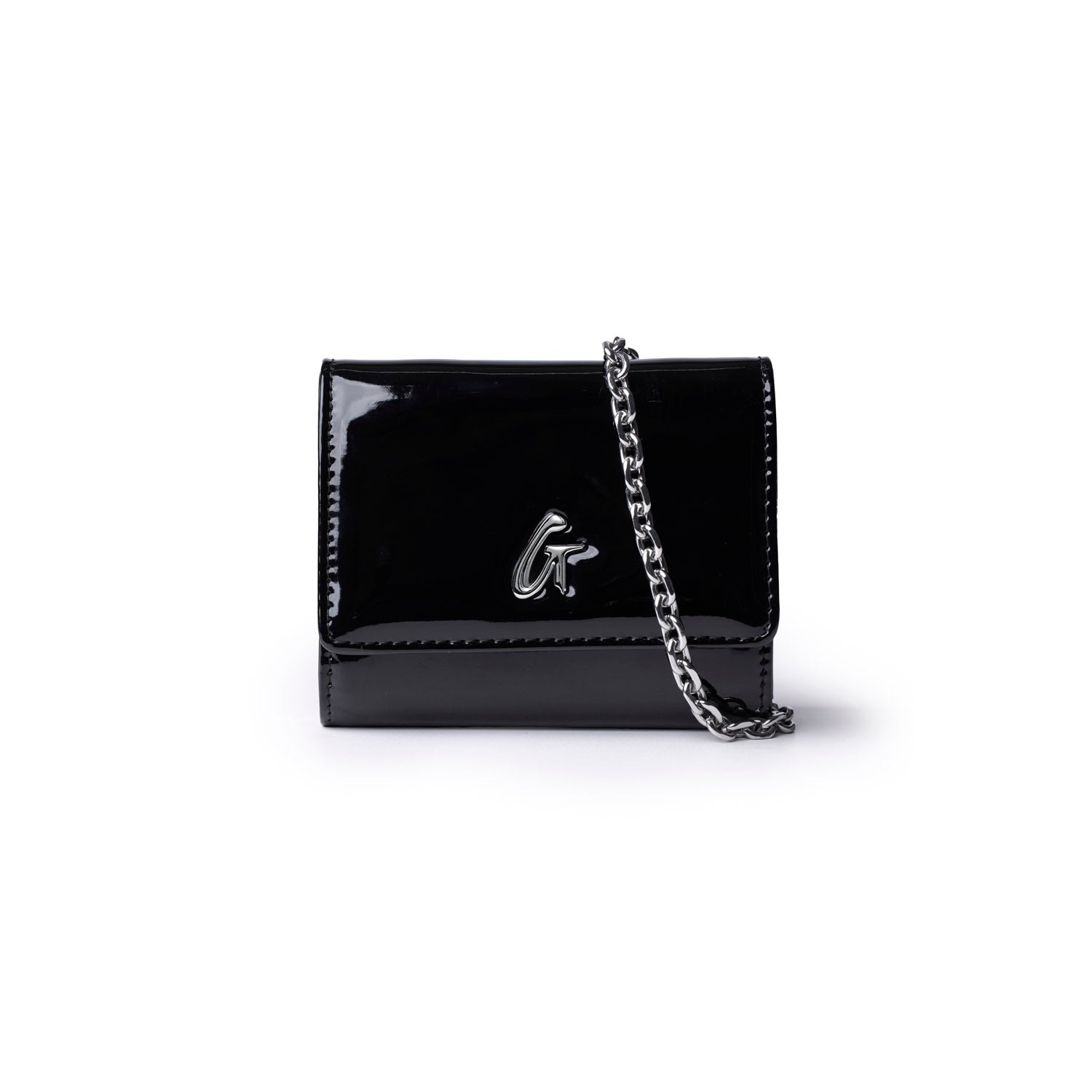 Sleek black compact wallet on a chain with a glossy finish and logo detail, perfect for stylish outings.