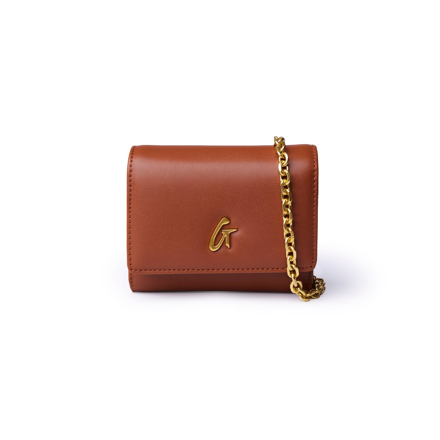 Brown compact wallet on chain featuring a gold logo, perfect for stylish, affordable luxury.