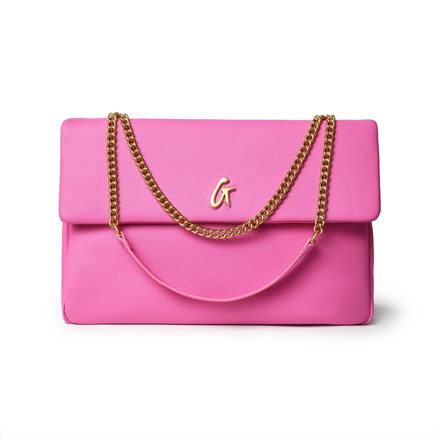Large hot pink pebble leather flap bag with gold chain strap and a gold "G" logo on front.