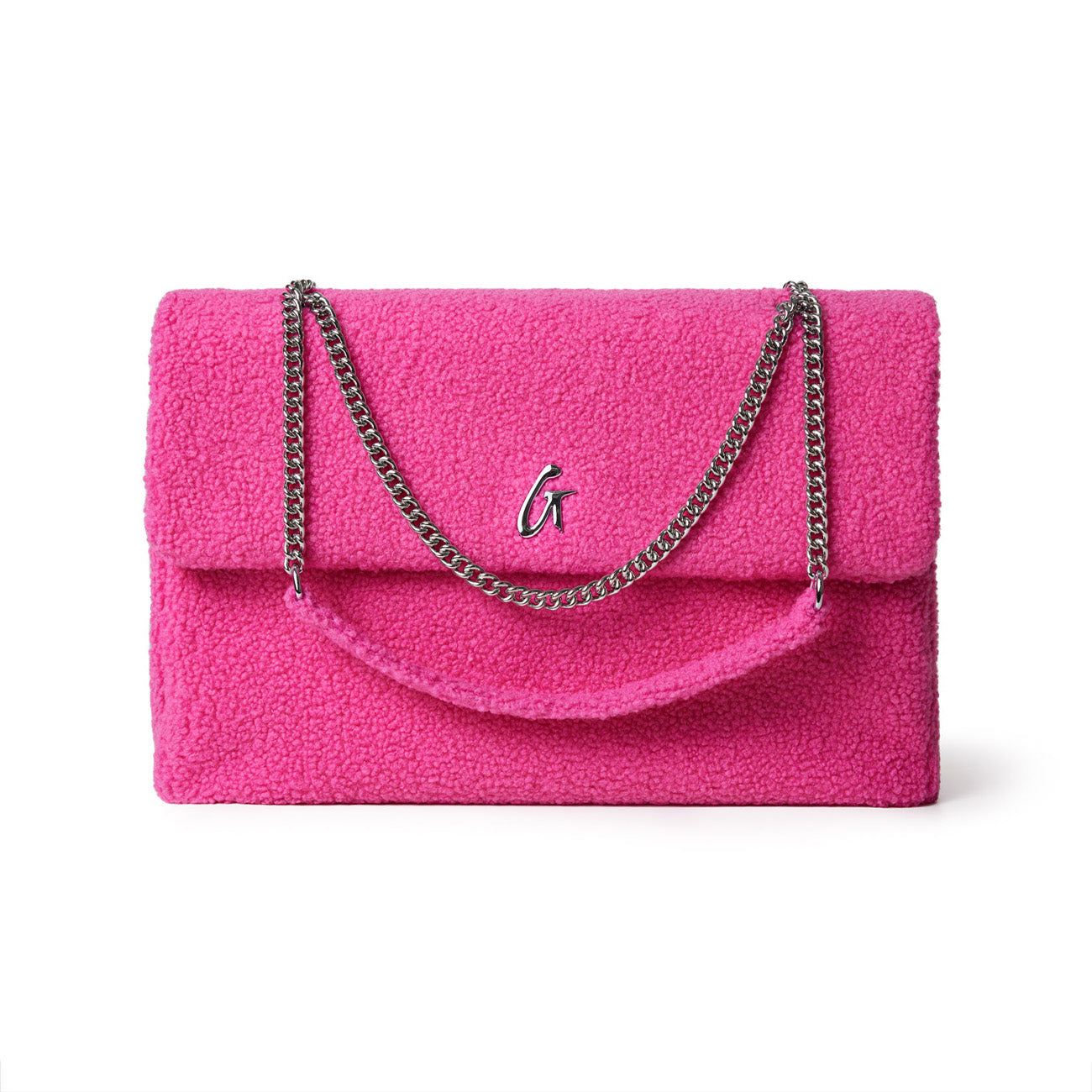 Large hot pink teddy flap bag with a silver chain strap and a metal "G" logo on the front.