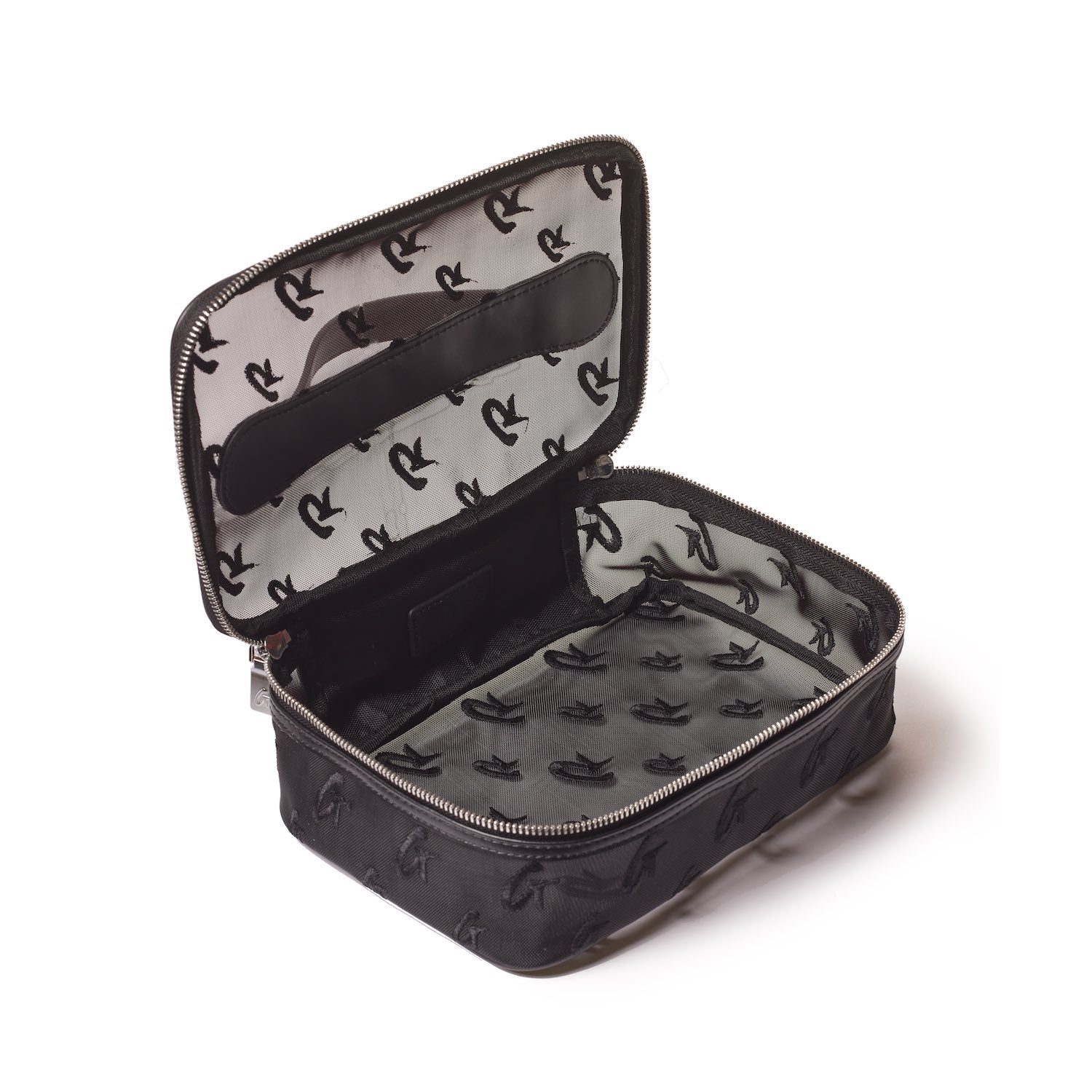 Open black mesh monogram toiletry bag with interior compartments, lined with logo-printed fabric, and a zip closure.